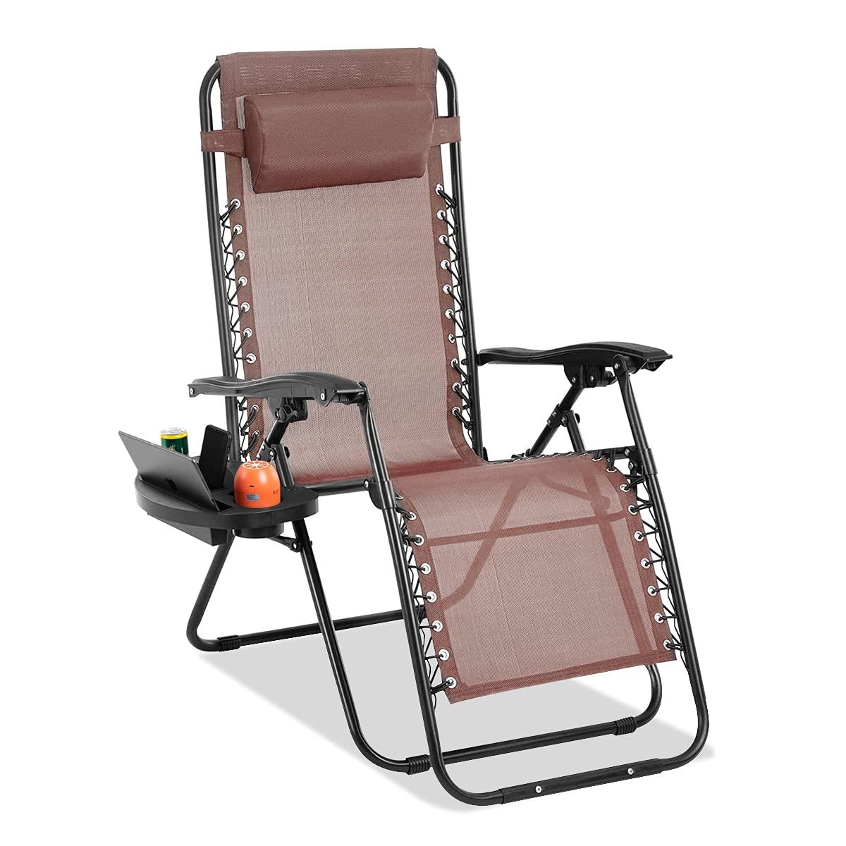DKELI Zero Gravity Reclining Chair Outdoor Adjustable Folding Lounge Chair with Cup Holder & Headrest - Supports 300lbs, Brown - Perfect for Patio, Poolside, Backyard & Camping Relaxation