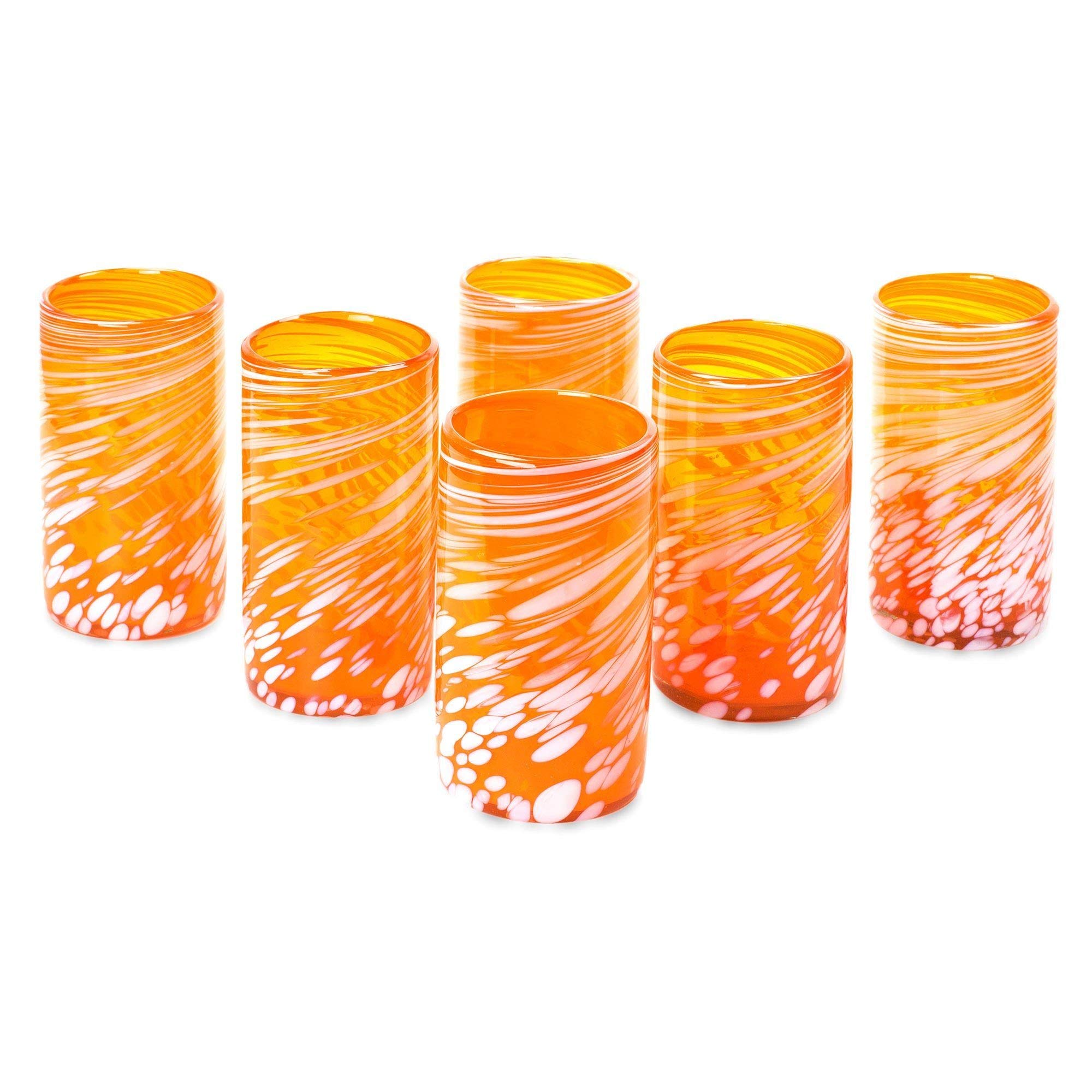 Handmade Colorful Festive Orange Glass Tumbler Set of 6 - Mexican Artisan Barware for Cocktails, Juice & Everyday Entertaining - Perfect for Parties, Weddings & Home Decor