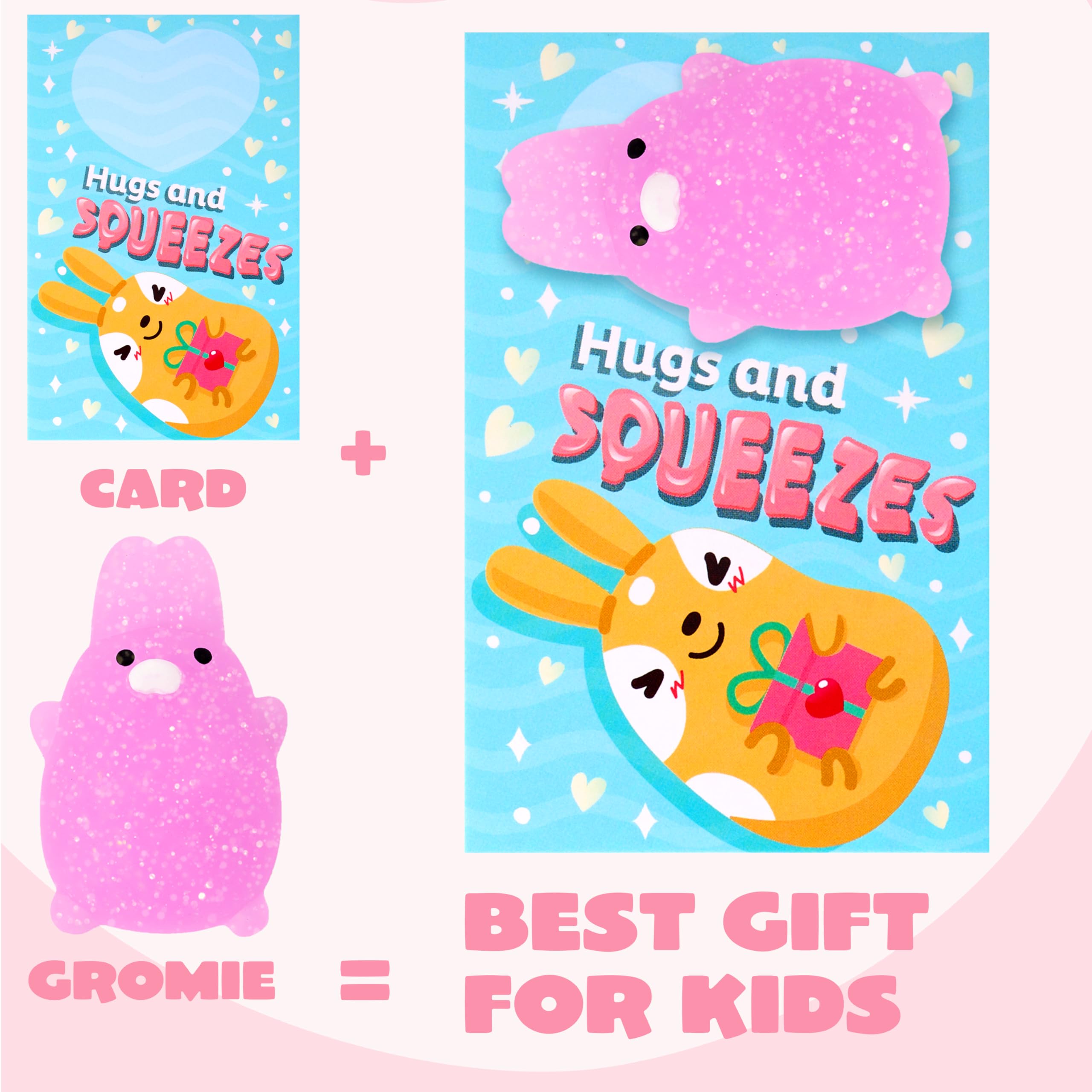 JOYIN 28 Pack Glitter Mochi Squishy Toys with Gift Cards - Stress Relief Fidget Toys for Kids, Valentine's Party Favors, Classroom Prizes & Exchange Gifts - Perfect for Birthday Parties, School Rewards and Sensory Play