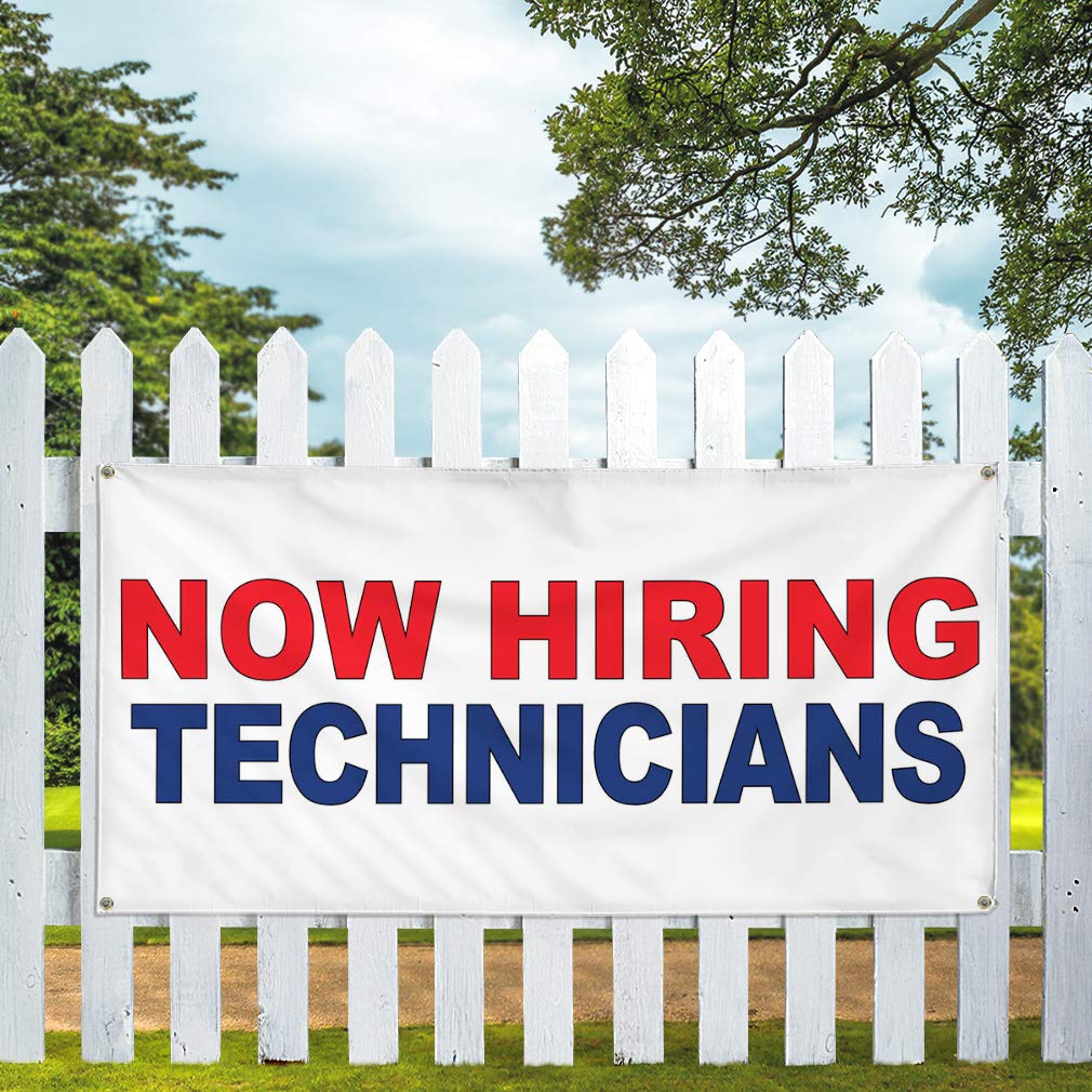 Now Hiring Technicians Vinyl Banner - 48x96 Inches Weatherproof Outdoor Business Sign with 8 Grommets (Red/Blue) - Perfect for Job Fairs, Construction Sites & Industrial Yard Advertising