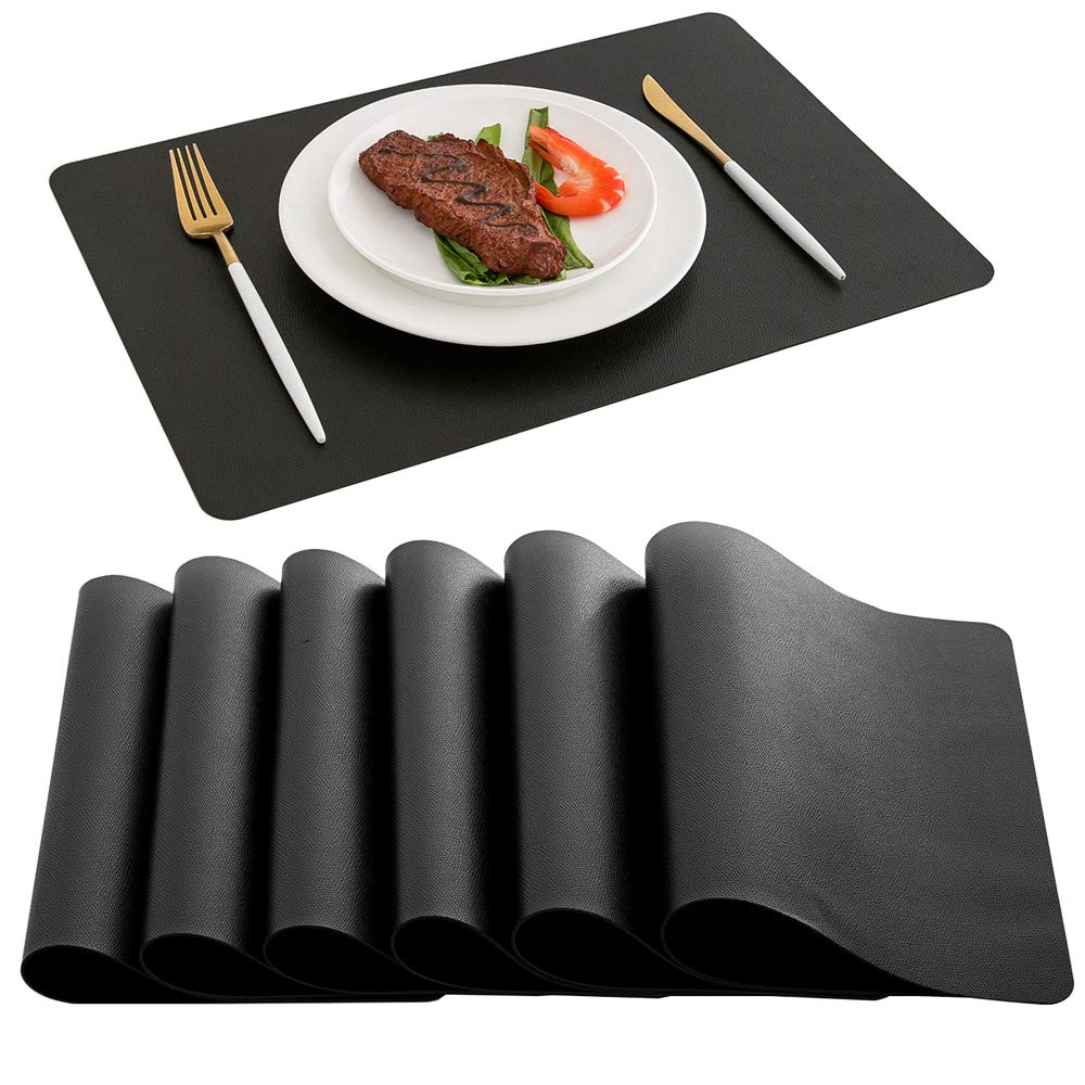 Premium Black Leather Placemats Set of 6 - Heat Resistant, Waterproof & Easy to Clean Table Mats for Kitchen, Dining Room, Patio - Perfect for Indoor & Outdoor Decor, Dinner Parties, BBQ Gatherings