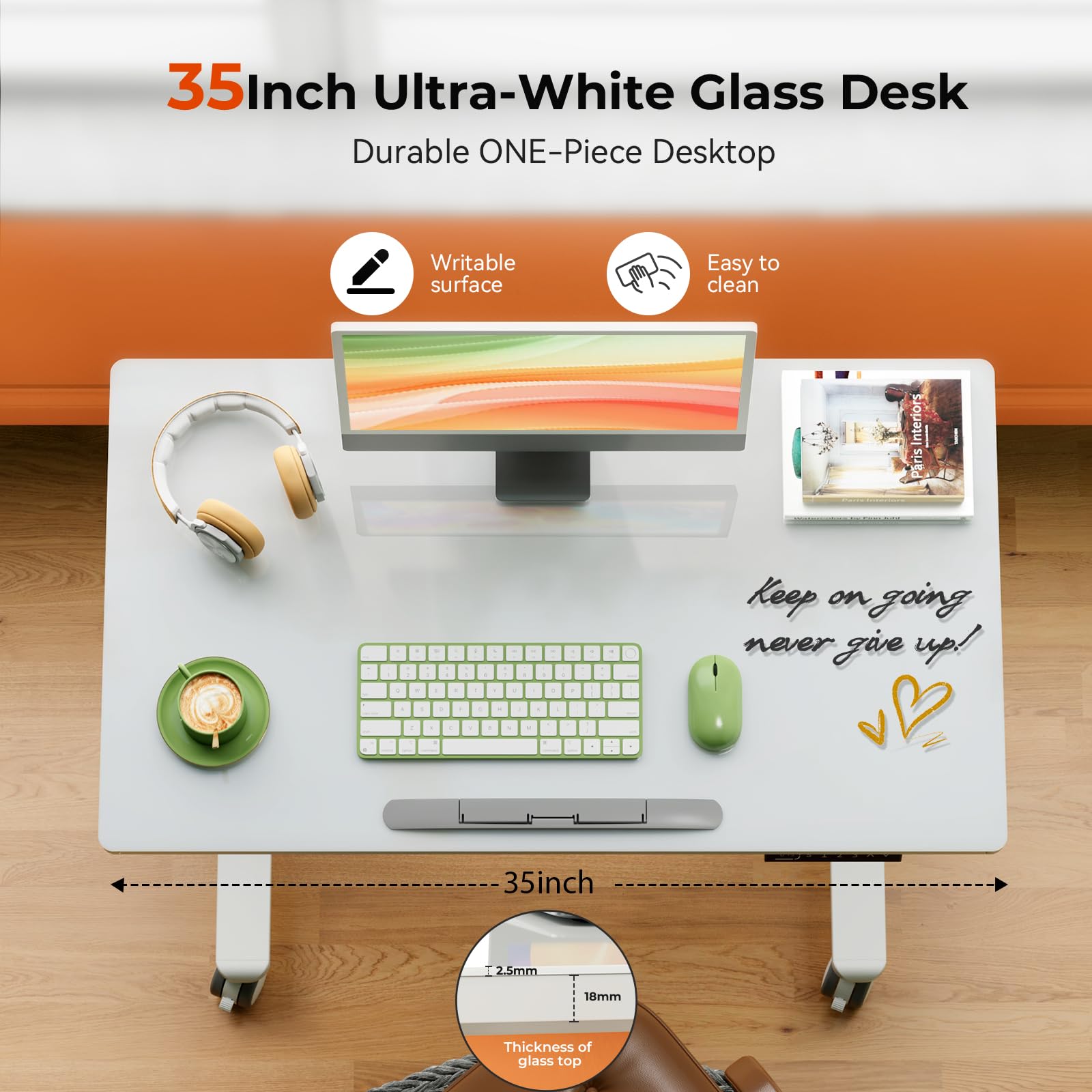 35 Inch Adjustable Height Glass Standing Desk with Wheels - 90° Tiltable Mobile Workstation for Home & Office - Foldable Rolling Sit Stand Desk for Laptop, Computer & Workspace - White