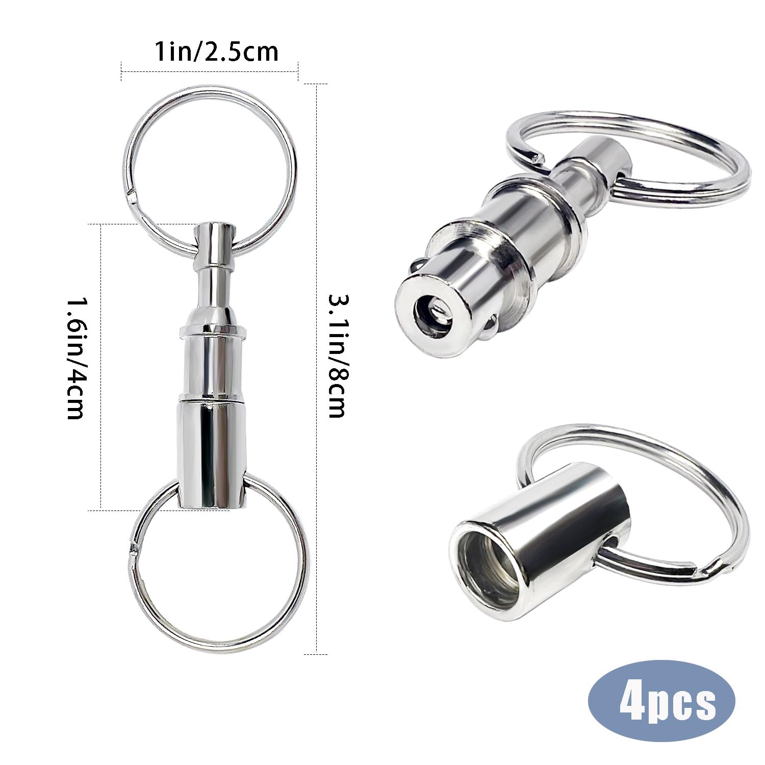 Tenalleys 4 Pack Quick Release Detachable Keychain - Silver Dual Pull Apart Key Rings for Home, Office & Car Keys | Easy Key Organization & Security