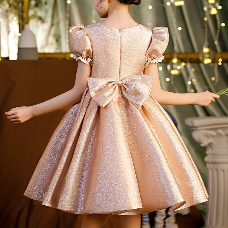 Elegant Princess Satin Flower Girl Dress with Lantern Sleeves & Bow - Perfect for Weddings, Birthday Parties & Special Occasions