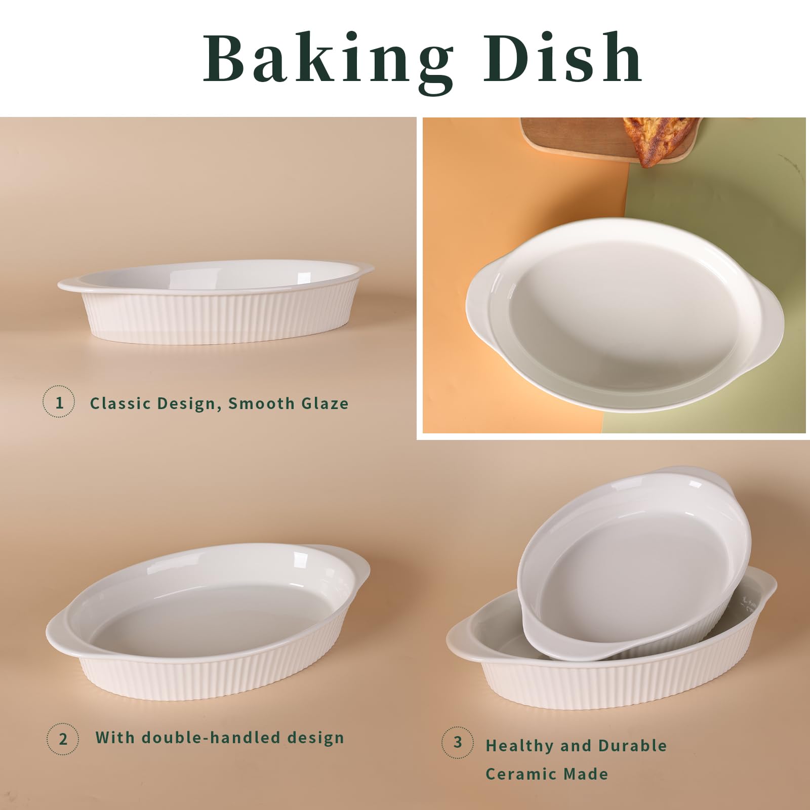 LEETOYI 9x13 Inch Porcelain Oval Au Gratin Baking Dish - Large White Bakeware with Double Handles for Casseroles, Lasagna & Serving - Perfect for Home Kitchen, Dinner Parties & Holiday Meals