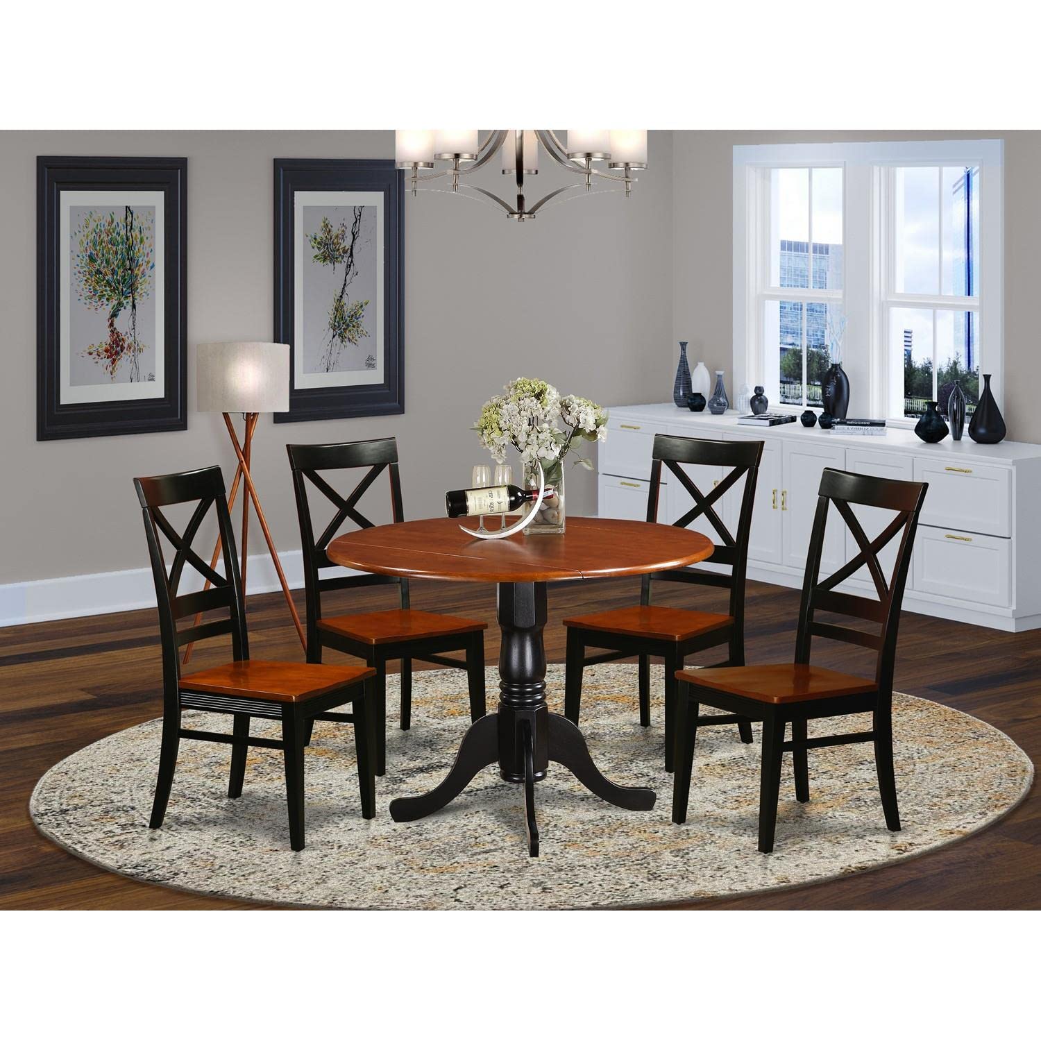 East West Furniture DLQU5-BCH-W 5-Piece Round Dining Table Set with Drop Leaf & 4 Chairs, 42x42 Inch, Black Cherry Finish - Perfect for Small Kitchens, Breakfast Nooks & Compact Dining Spaces