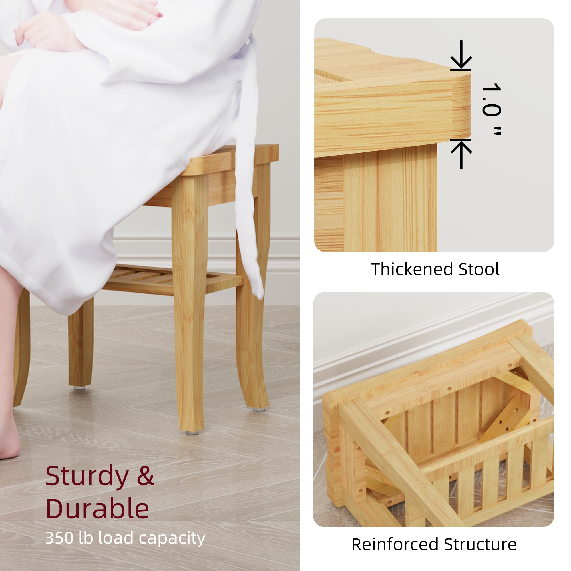 Waterproof Bamboo Shower Bench with Storage Shelf - Spa Stool for Elderly & Seniors - Natural Wood Bathroom Seat for Indoor/Outdoor Use - Perfect for Shower Safety & Relaxation