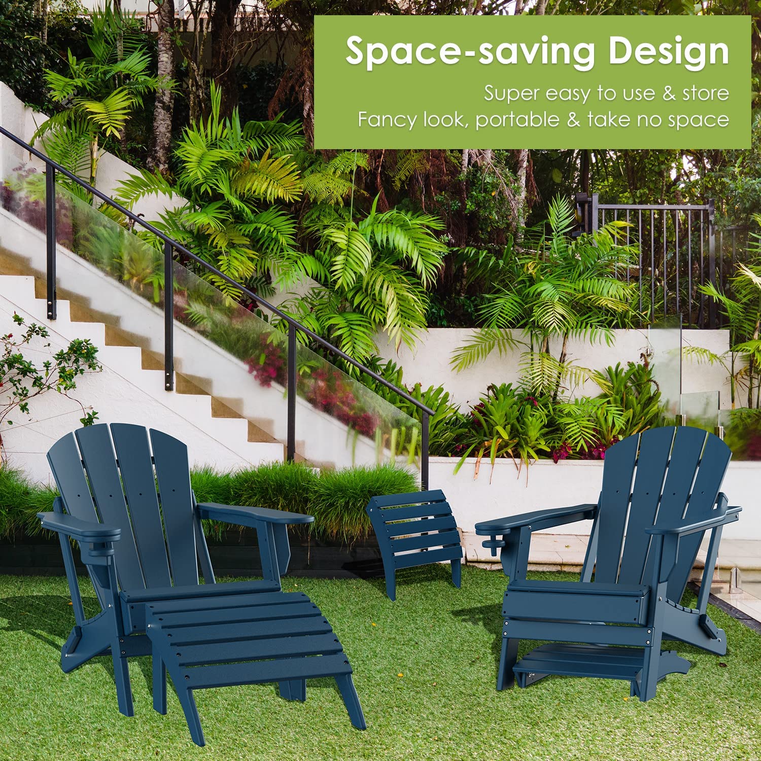 **Blue HDPE Plastic Adirondack Ottoman - Foldable Outdoor Footrest for Adirondack Chairs, All-Weather Foot Stool for Patio, Backyard & Pool Relaxation**
