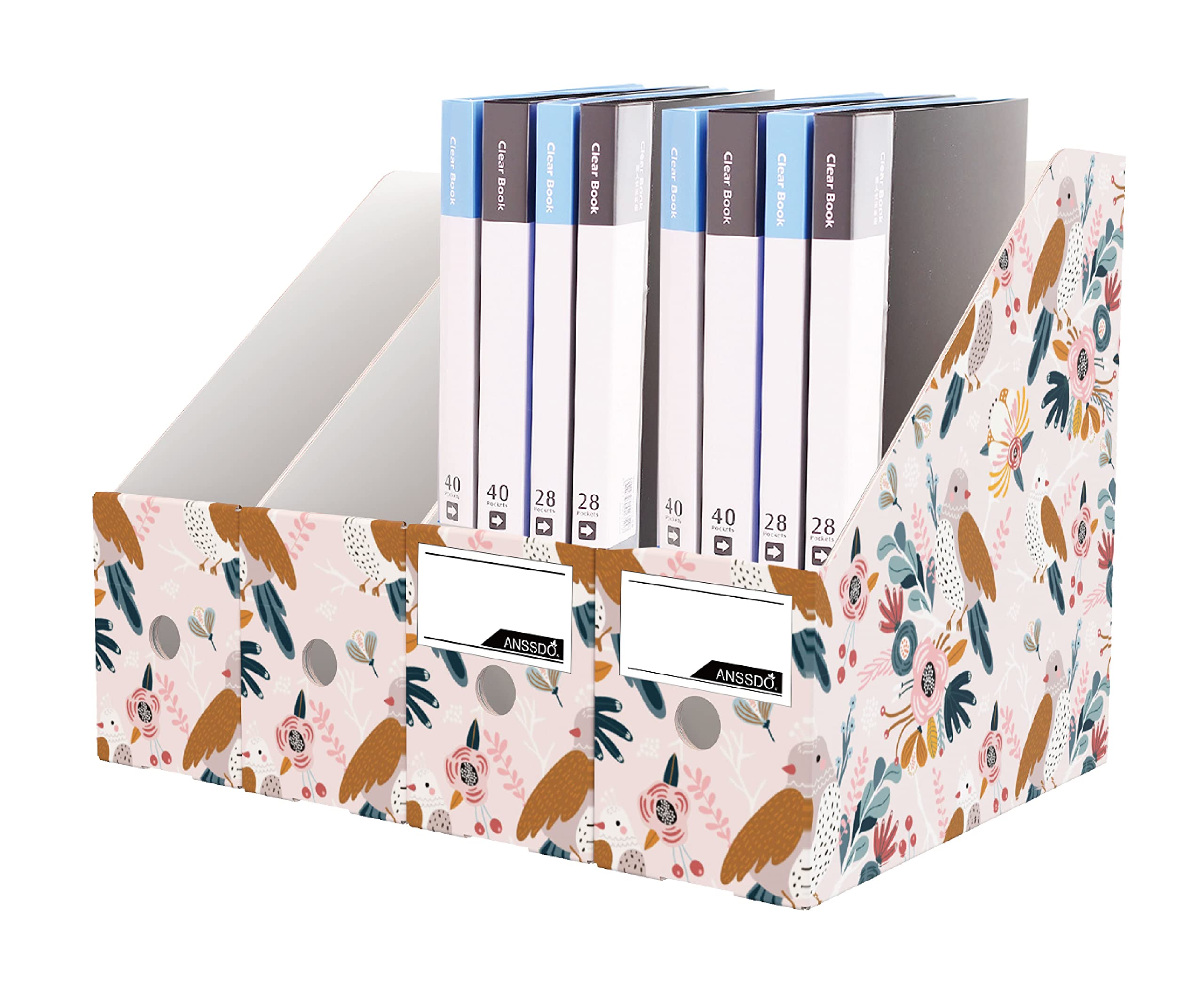 ANSSDO 6 Pack Premium Cardboard Magazine Holders - Large Capacity Magazine File Organizer for Books, Folders & Documents - Desk Storage Box for Office, Home & Classroom (Pink Bird Design) - Perfect for Organizing Magazines, Books & Office Supplies