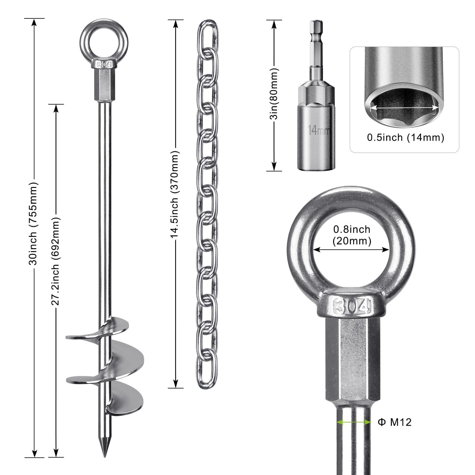Heavy Duty 30'' Screw-in Ground Anchors with Chain - 4 Pack Trampoline Stakes for Secure Outdoor Use - Perfect for Trampolines, Camping Tents, Carports, Sheds & Swing Sets - Weather-Resistant Mobile Home Anchors for All Terrains