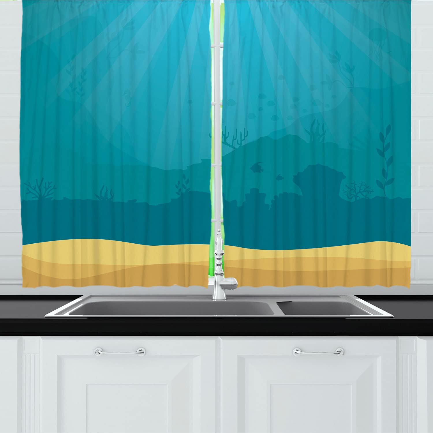 Ambesonne Underwater Ocean Themed Kitchen Curtains - Seaweed & Fish Silhouette Design, 2 Panel Rod Pocket Drapes 55x45 Inches, Teal & Sand Brown - Perfect for Beach House Decor, Coastal Kitchen, and Ocean Lover's Home