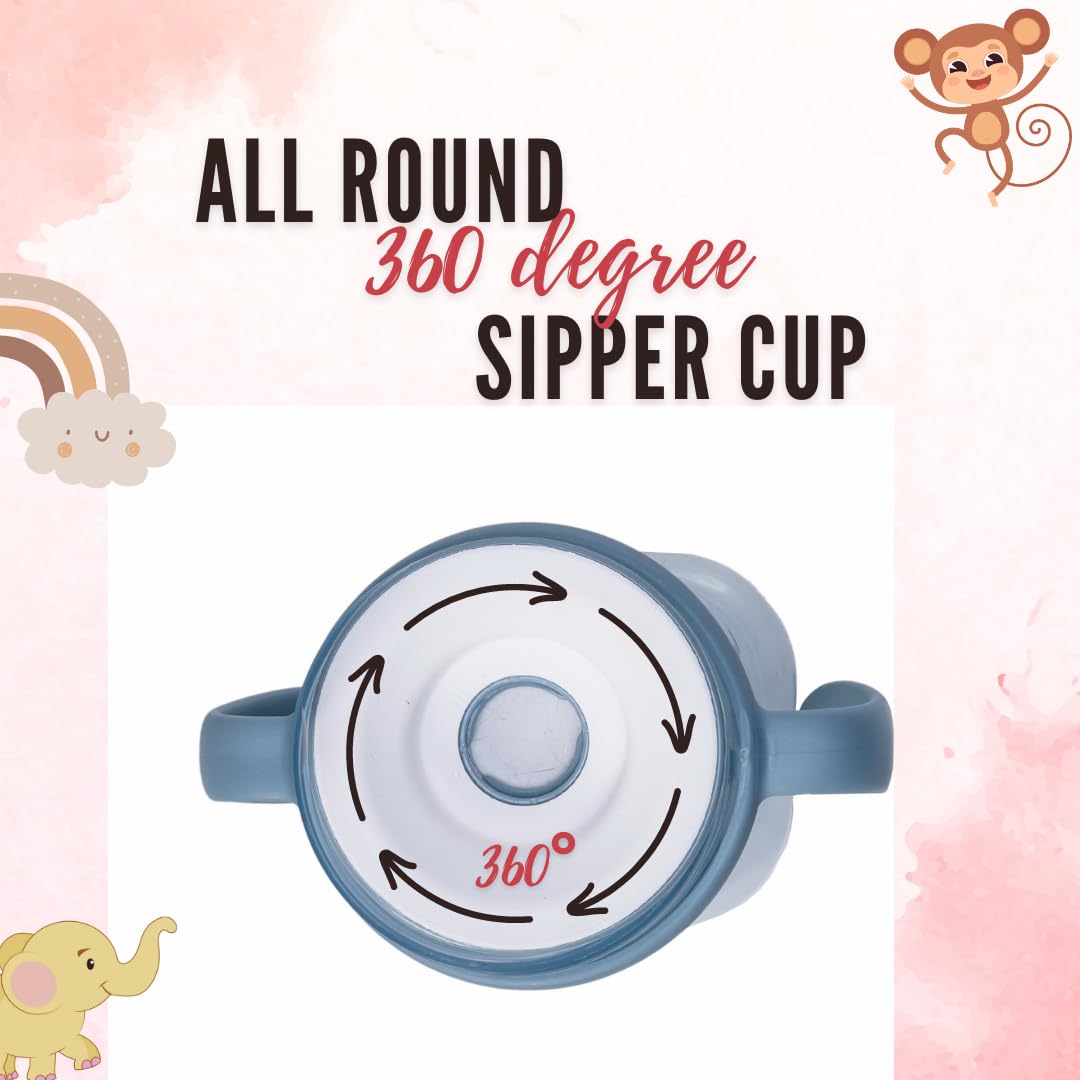 Adore Magic 360 Spoutless Sipper Cup with Handle - Leak Proof Baby Water Bottle for 6-12 Months | Anti Spill Straw Cup for Toddlers & Kids | BPA Free Spill Proof Training Cup (250ml, Blue) - Perfect for Daycare, Travel & Learning to Drink Independently