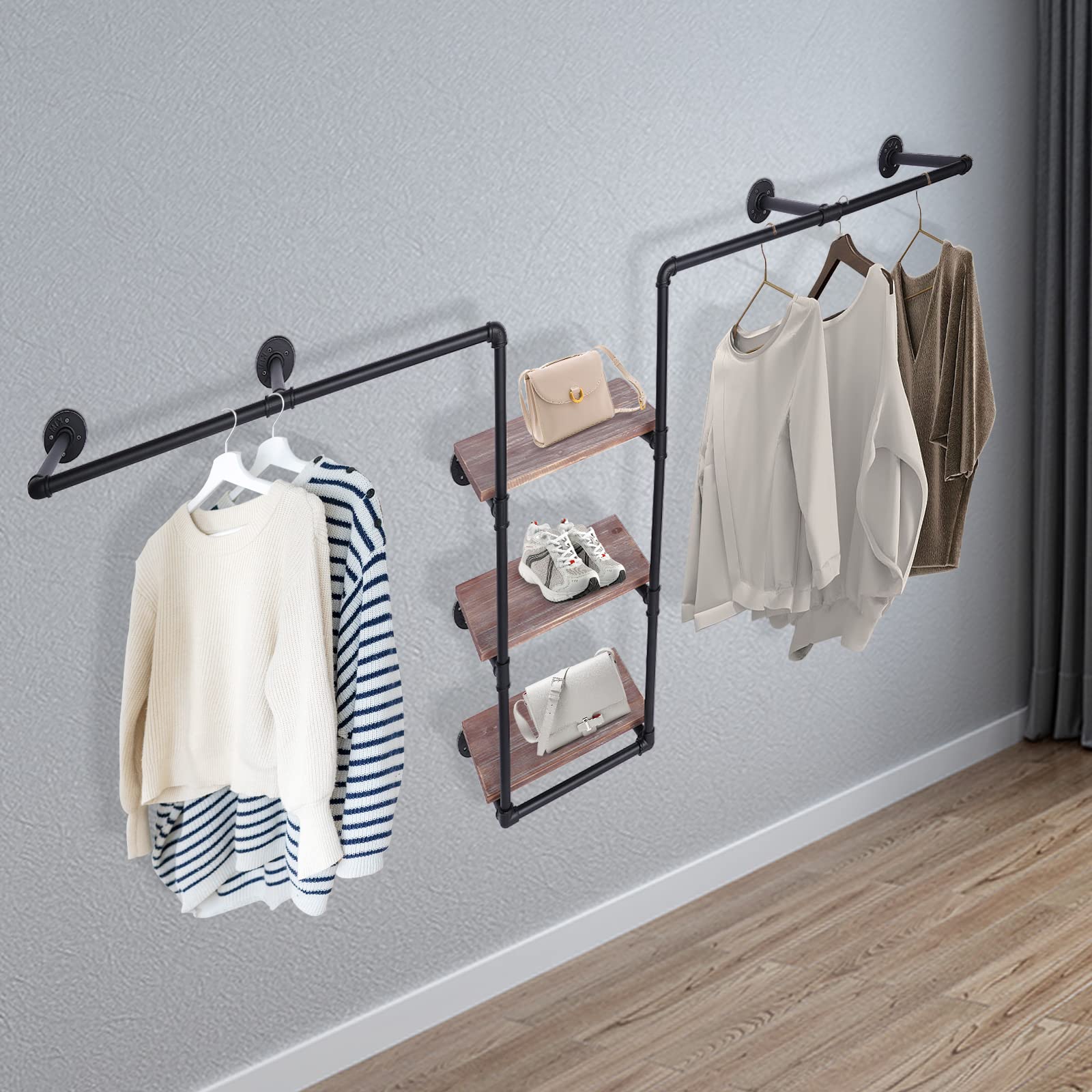 Industrial Pipe Wall Mounted Clothing Rack with 3 Storage Shelves - Heavy Duty Garment Display Rack for Retail Stores, Boutiques & Home Use - Perfect for Closet Organization, Vintage Clothing Display & Commercial Apparel Showcase
