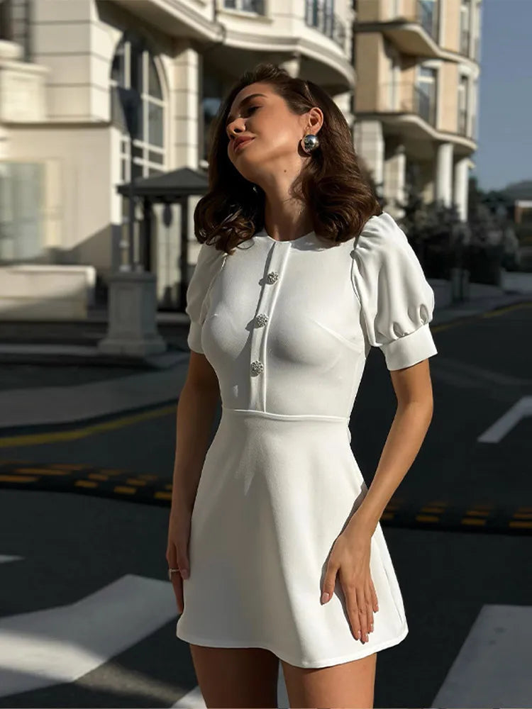 Elegant Doll Collar Mini Dress for Women - Spring Summer Chic Solid Short Sleeve Sexy Slim Button Dress - Perfect for Office Commute, Date Night & Cocktail Parties