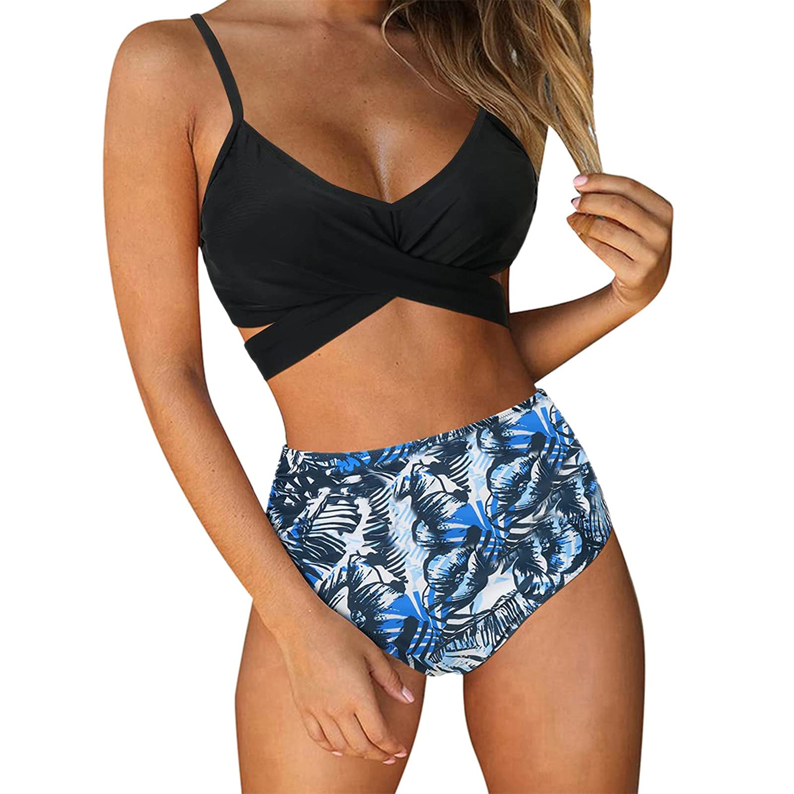 Plus Size Women's 2-Piece Tummy Control Swimsuits - Ruffled Tankini Top & High Waisted Bikini Bottom for Beach, Pool & Vacation (Black/Blue Floral)