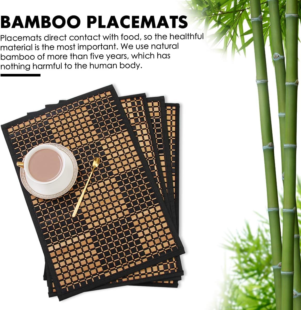 Eco-Friendly Bamboo Placemats Set of 4 - Stain & Heat Resistant Dining Table Mats - Durable Kitchen Table Place Mats for Everyday Use - Perfect for Family Dinners, Parties & Home Decor (Black)