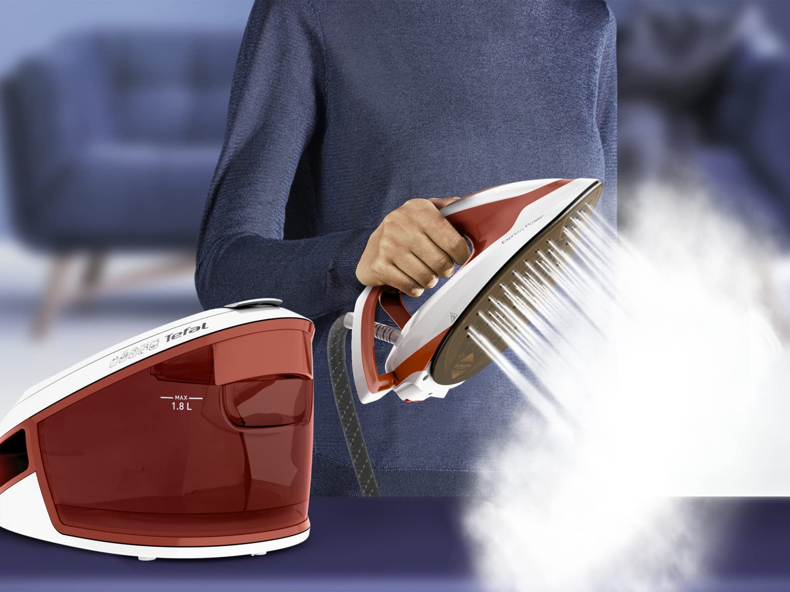 Tefal SV8110 Express Power Steam Generator - 1.8L Water Tank, Powerful Steam Performance, No Setting Technology, Vertical Steam - Made in France (Eco Stand) - Perfect for Home Ironing & Professional Garment Care