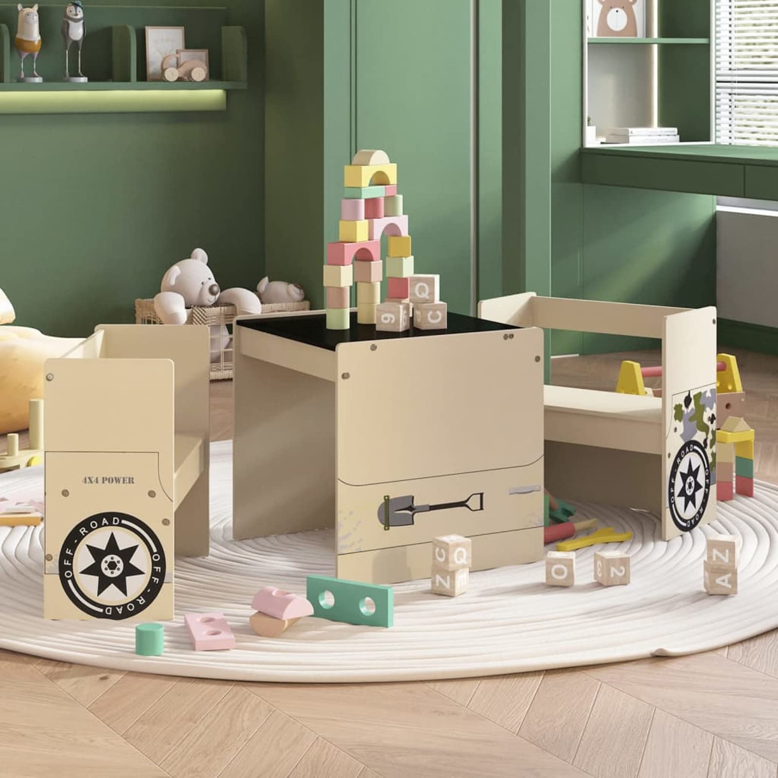 Kids Wooden Table and Chairs Set - 3 Piece Natural MDF Playroom Furniture with Off-Road Car Design for Children's Learning & Play Activities | Perfect for Preschool, Daycare, and Home Play Areas