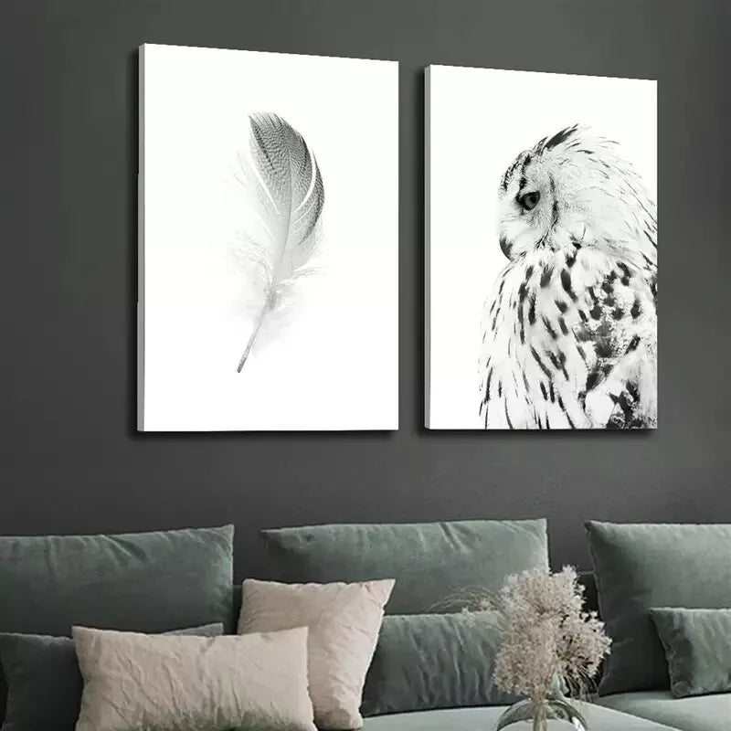 2pcs Owl Black and White Animal Feather Painting Canvas Framed 50x75cm - High Quality Print Wall Art | 100% Australian Made | Ready to Hang | Perfect for Living Room, Bedroom & Office Decor