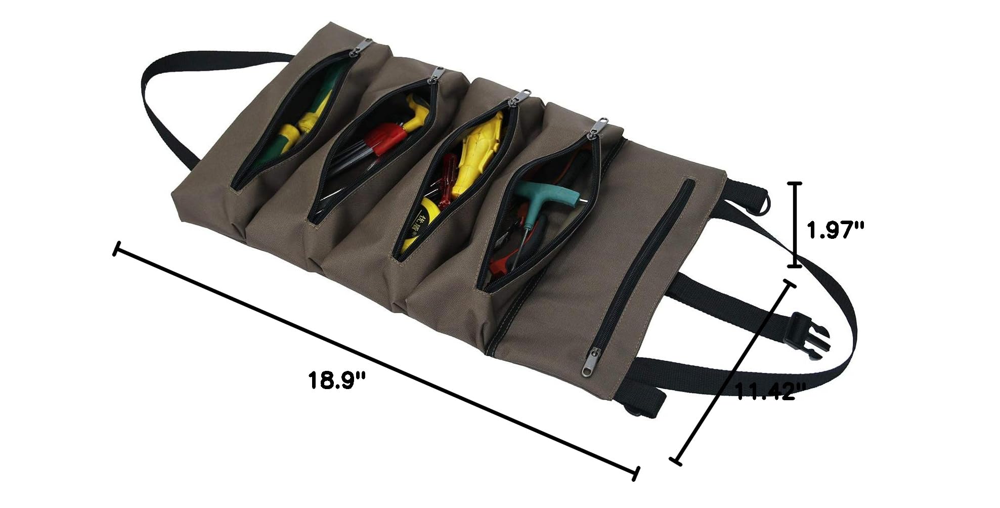 Heavy Duty Canvas Tool Roll Up Bag with 5 Zipper Pockets - Multi-Purpose Wrench Organizer & Hanging Pouch for Electricians, HVAC Mechanics, Carpenters - Portable Tote Carrier Bag (Dark Khaki) | Ideal for Workshop, Garage, Job Site & DIY Projects