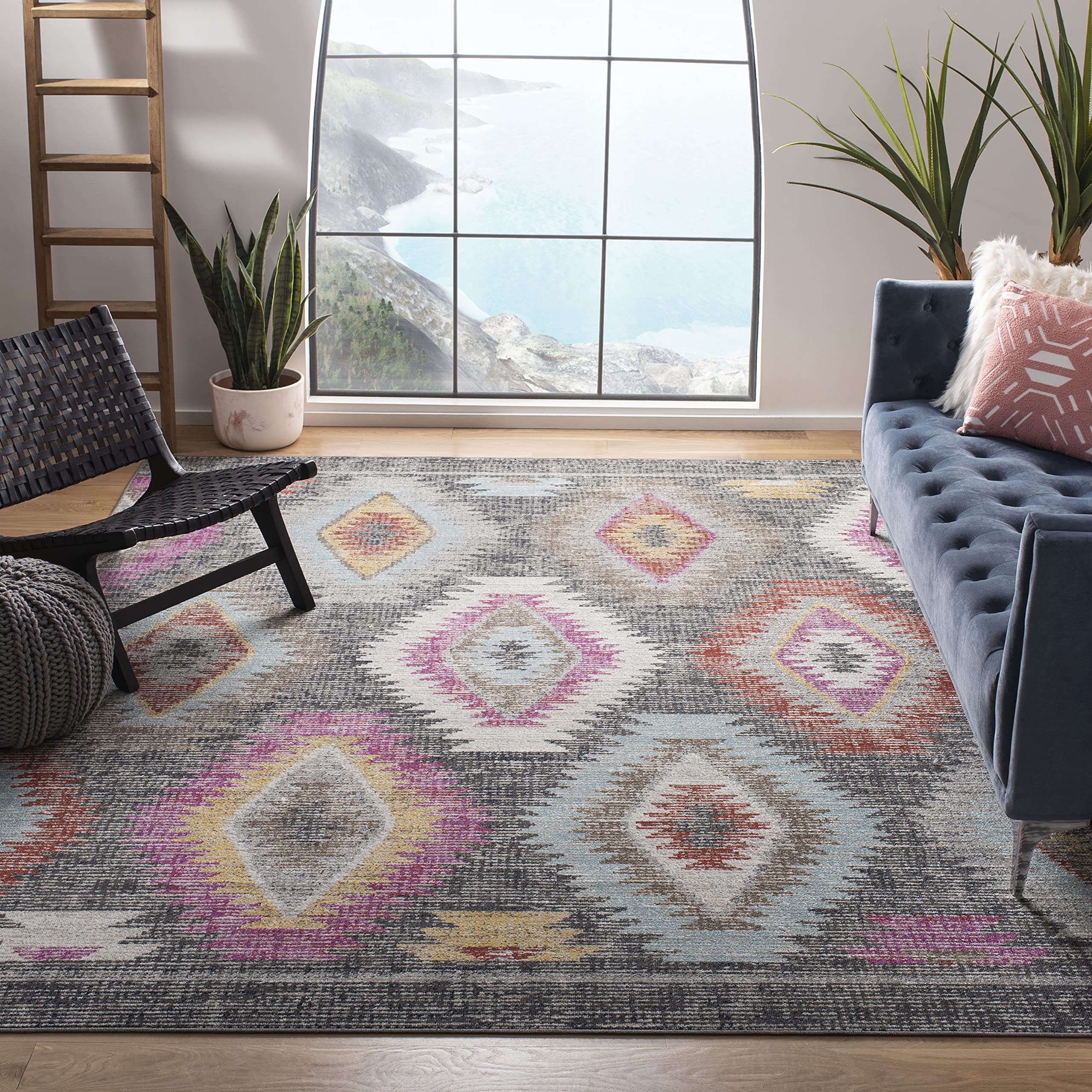 SAFAVIEH Montage Collection 6' x 9' Grey Multi Boho Area Rug - Indoor/Outdoor Non-Shedding Easy Clean - Perfect for Patio, Backyard, Porch, Deck & Mudroom