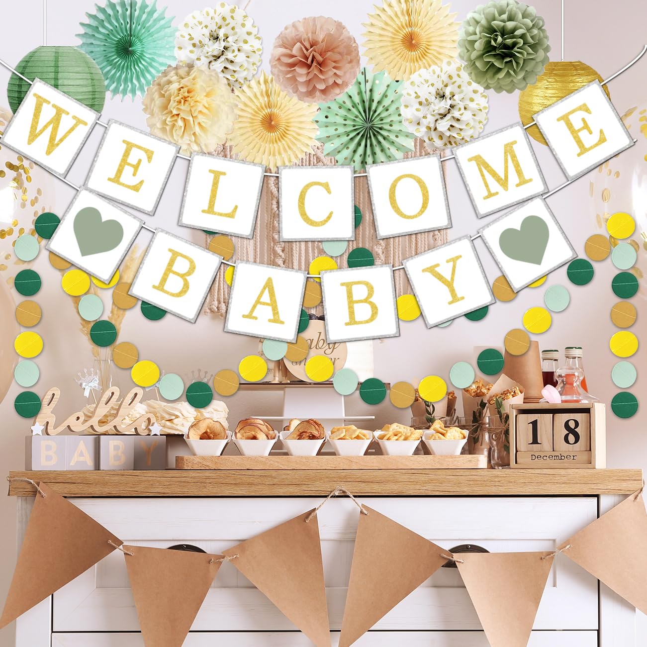 Sage Green & Gold Baby Shower Decorations Set - Welcome Baby Banner, Olive Green Tissue Pom Poms, Paper Flowers & Lanterns - Gender Neutral Nursery Decor for Boys & Girls - Perfect for Baby Reveal Parties & Newborn Celebrations
