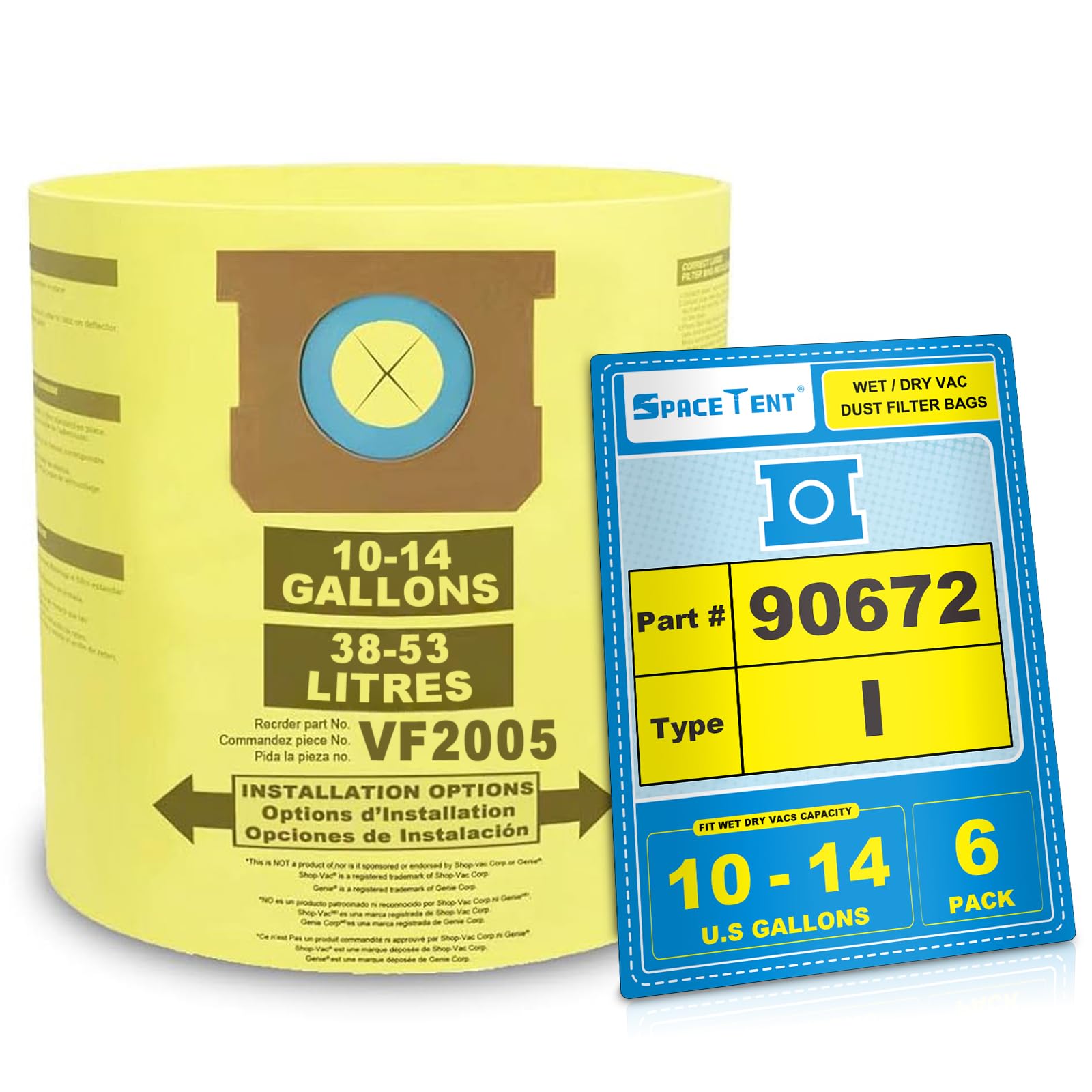 6 Pack Shop Vac Bags 10-14 Gallon Type I High-Efficiency Disposable Vacuum Collection Filter Bags - Compatible with Shop-Vac Models 90672, 9067200, 9067233 - Perfect for Dust, Debris & Workshop Cleanup
