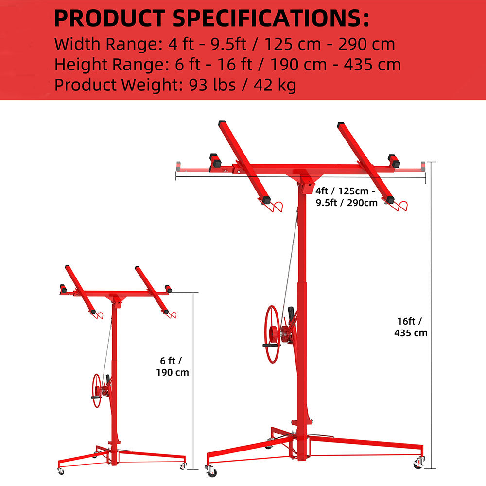 GARVEE 16ft Drywall Lift 150 lbs Capacity - 360° Adjustable Telescopic Arm with Locking Wheels for Sheetrock Panel Hoisting | Perfect for Ceiling Installation & DIY Home Renovation Projects