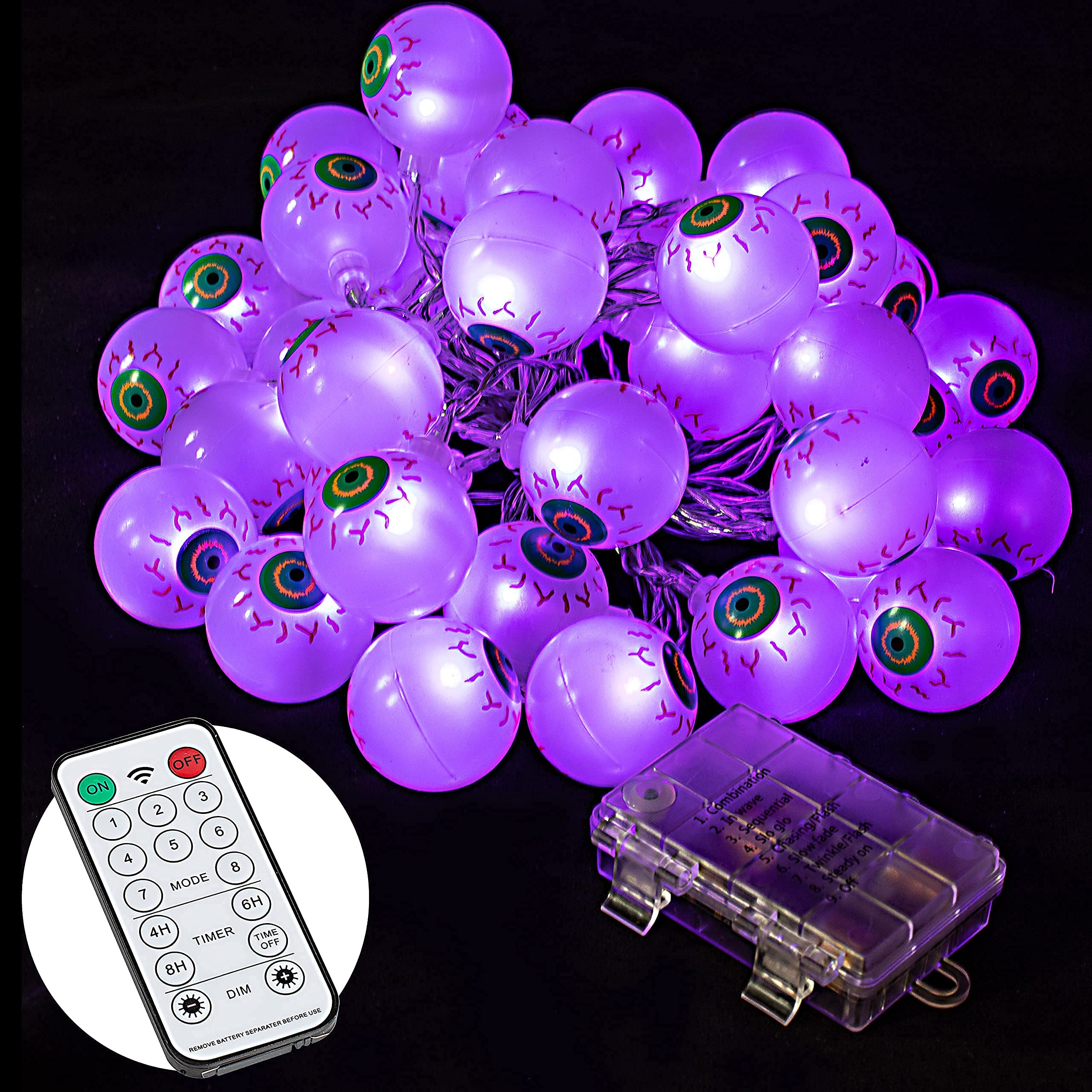 Joiedomi 20.6ft 40 LED Halloween Eyeball String Lights - Waterproof Battery Operated with 8 Modes & Remote Control - Purple Outdoor/Indoor Party Decor for Halloween Yard, Haunted House, and Spooky Events