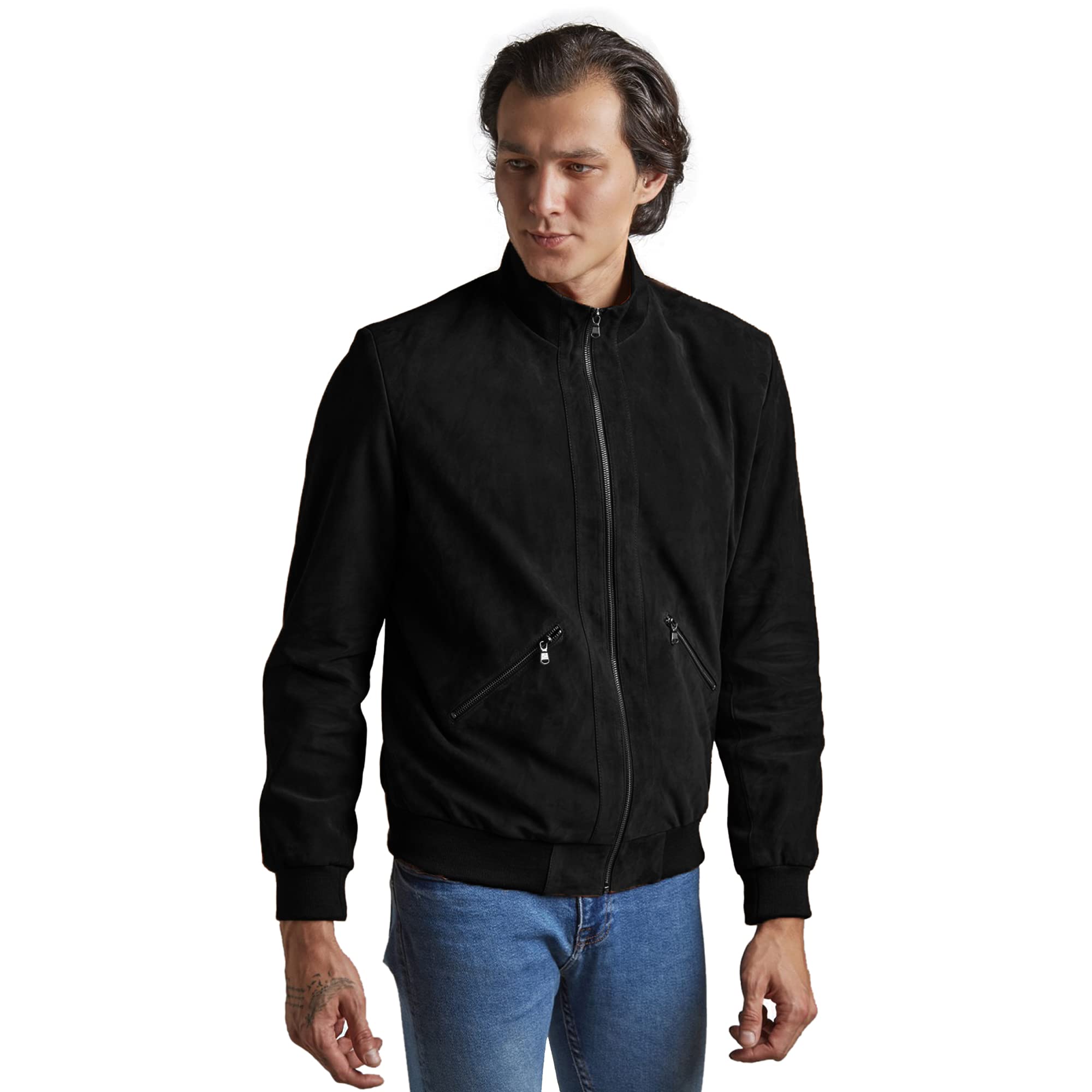 Vintage Men's Black & Tan Brown Suede Leather Bomber Jacket - Classic Retro Aviator Style for Casual Wear, Date Night & Fall Fashion