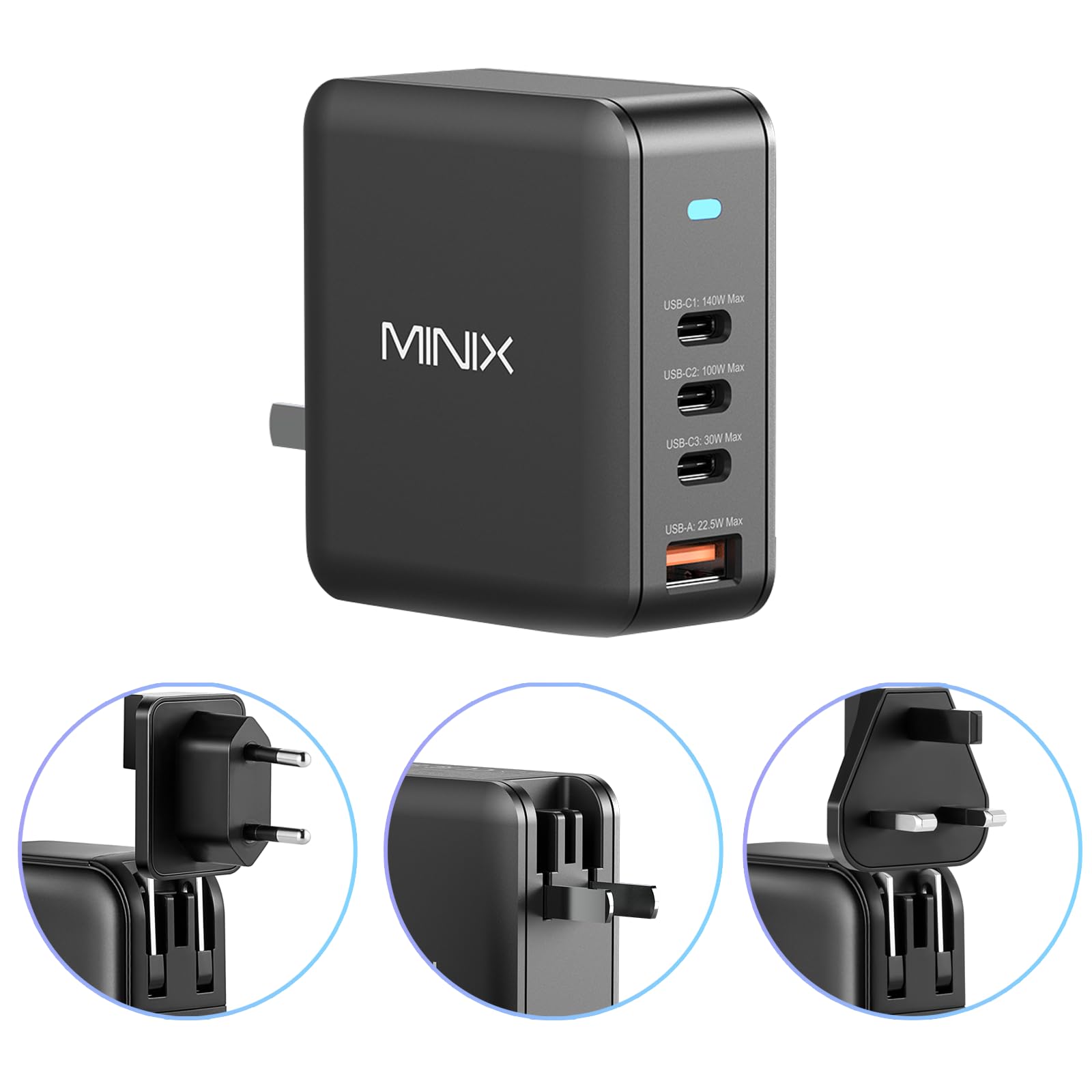 MINIX 165W USB C GaN II Fast Charger PD3.1 (140W Max) - 4-Port Wall Charging Station for MacBook Pro, iPad Air, iPhone 15/14/13 Pro Max, Galaxy S24 Ultra | Perfect for Home, Office & Travel Charging Needs