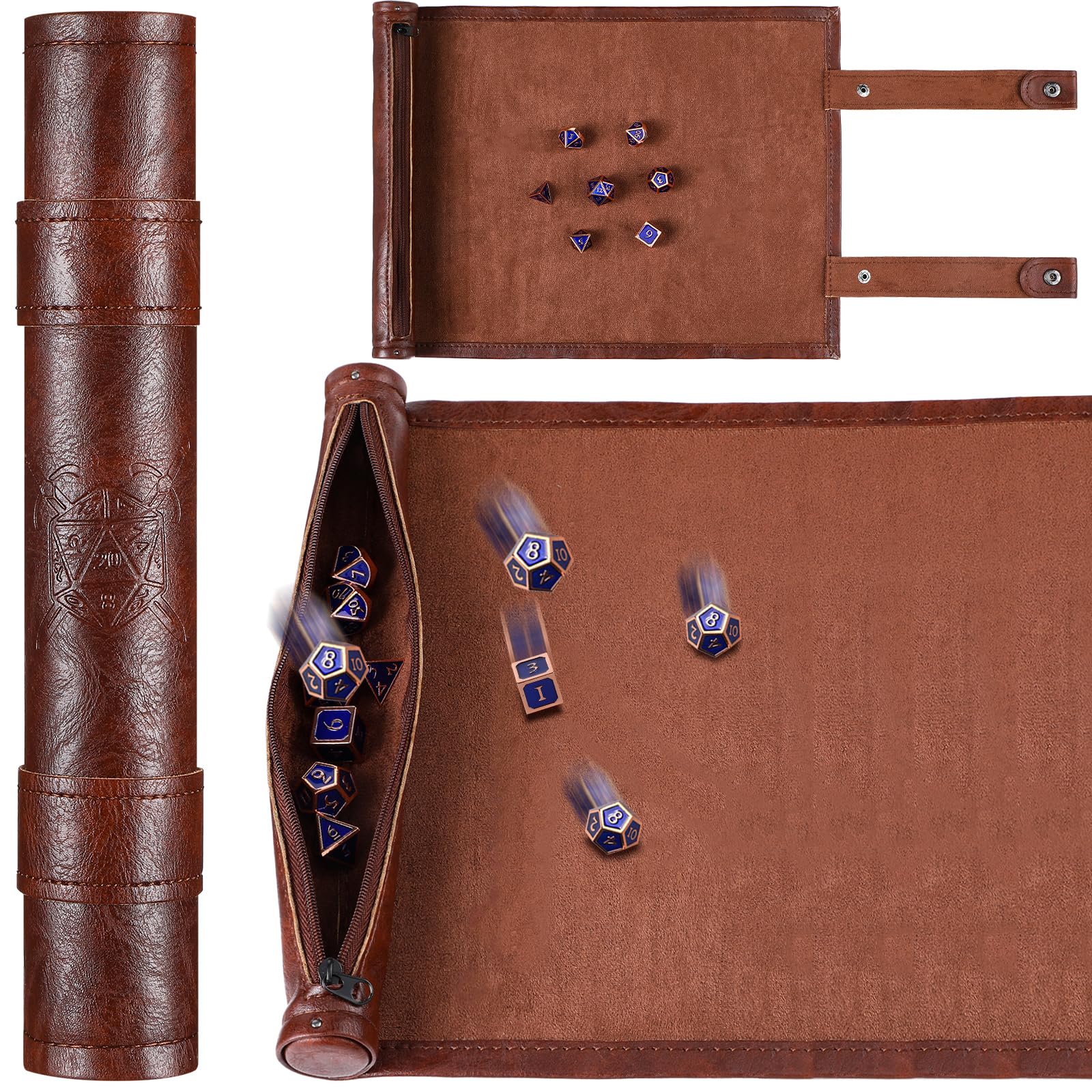 Premium PU Leather Dice Rolling Mat with Zipper & Folding Scroll Design - Portable Dice Tray & Storage Bag for Tabletop RPGs, Board Games, and Christmas Party Accessories (Brown, 1 Piece) - Perfect for D&D, MTG, Yahtzee & Game Nights