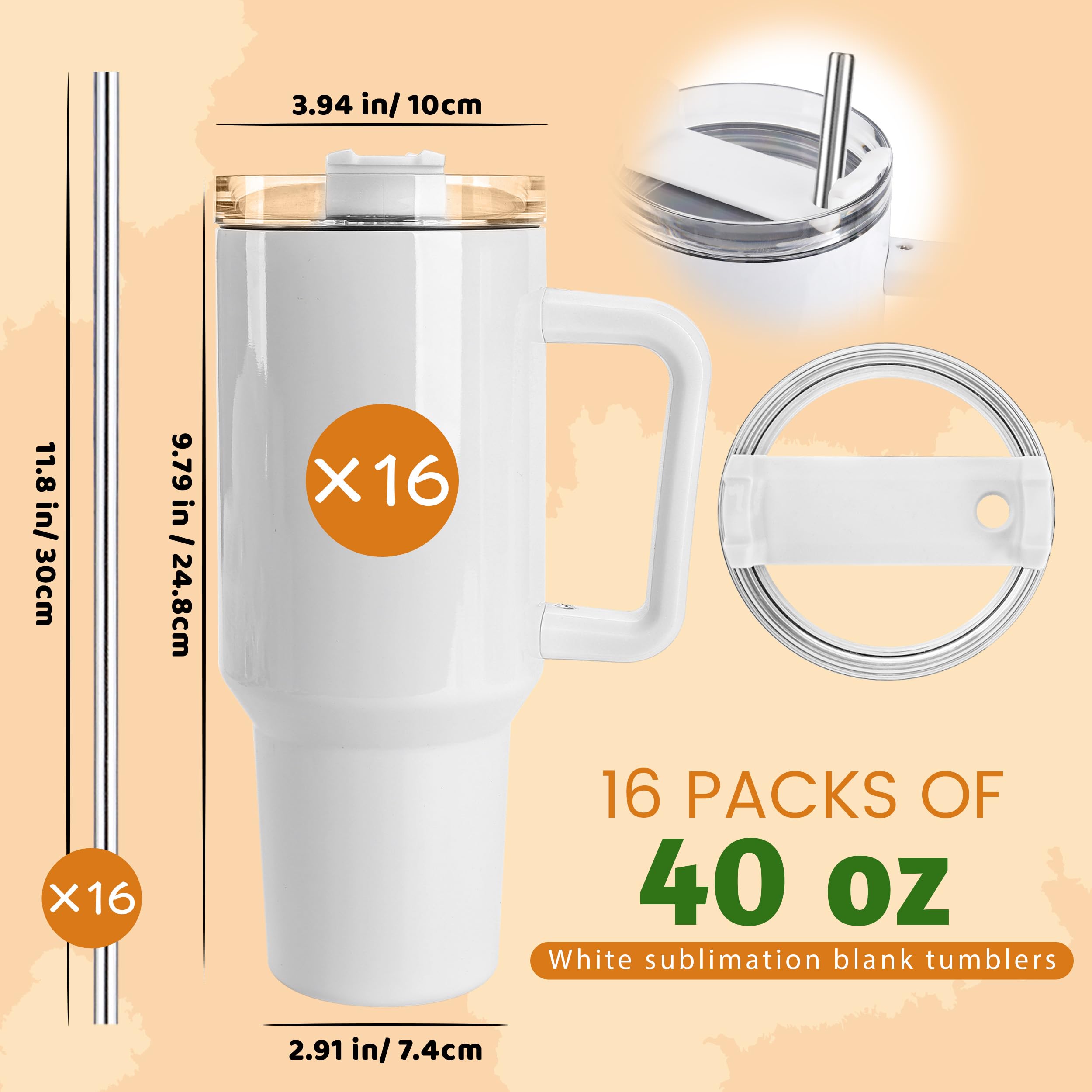Joyclub 16 Pack 40oz Sublimation Tumblers with Handle - Stainless Steel Insulated Coffee Travel Mugs for DIY Heat Press Printing | Bulk Blank Tumblers for Custom Designs, Office Use, Gifts & Outdoor Activities
