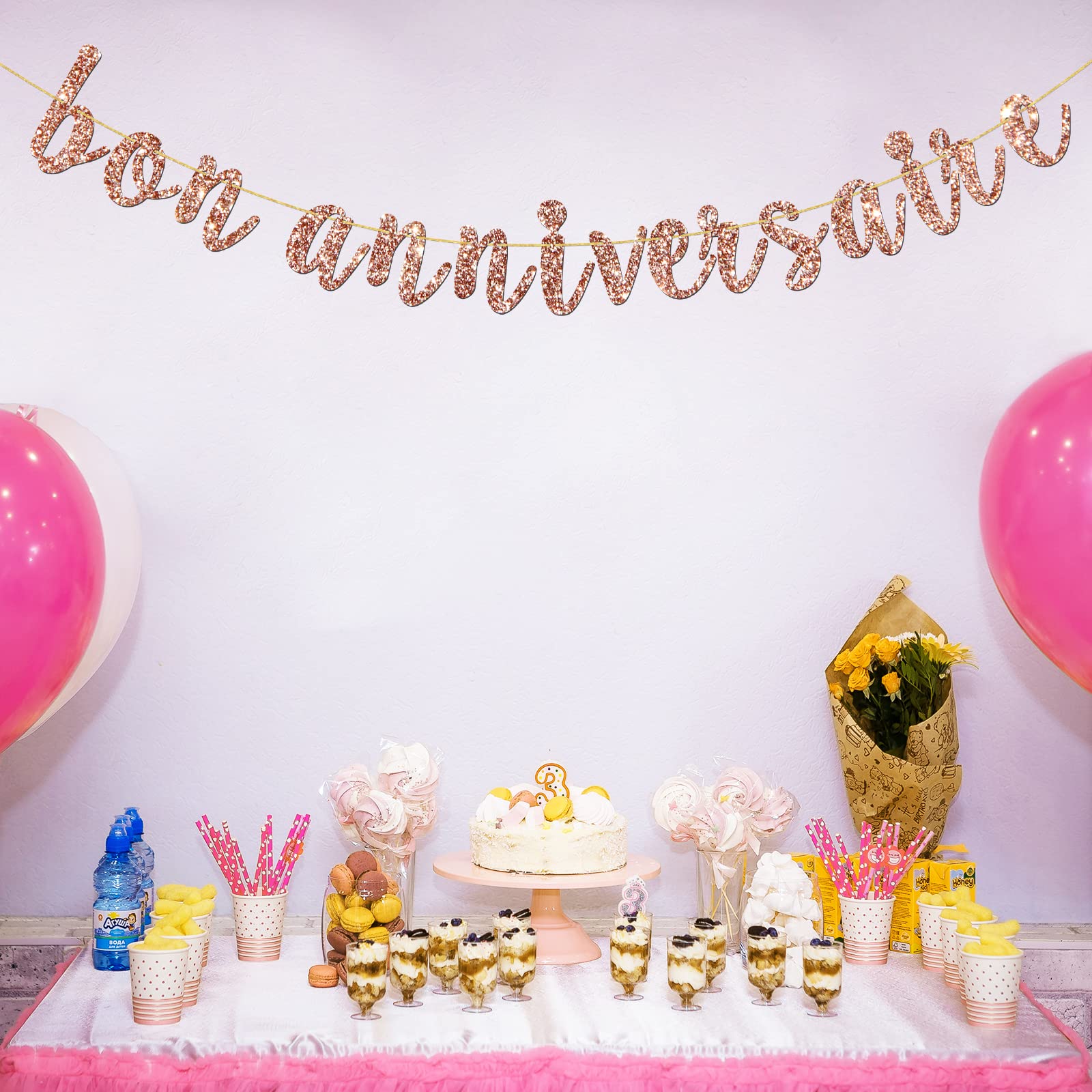 INNORU Bon Anniversaire Banner - French Themed Birthday Party Decorations with Rose Gold Glitter | Anniversary Bunting Garland for Wedding, Baby Shower & Special Events