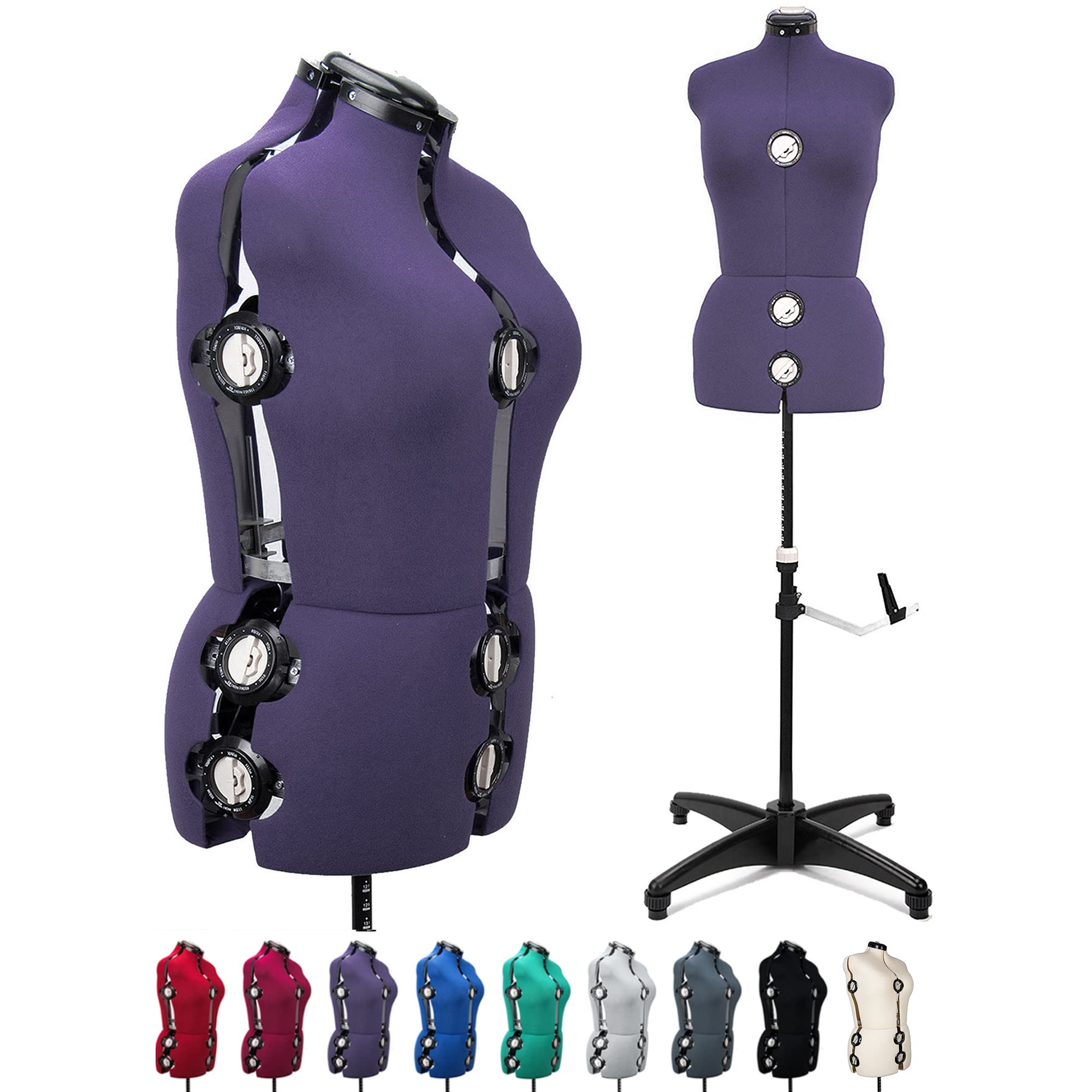 BHD BEAUTY Adjustable Dress Form Mannequin for Sewing - 13 Dials Purple Fabric Female Torso with Tripod Stand, Up to 70