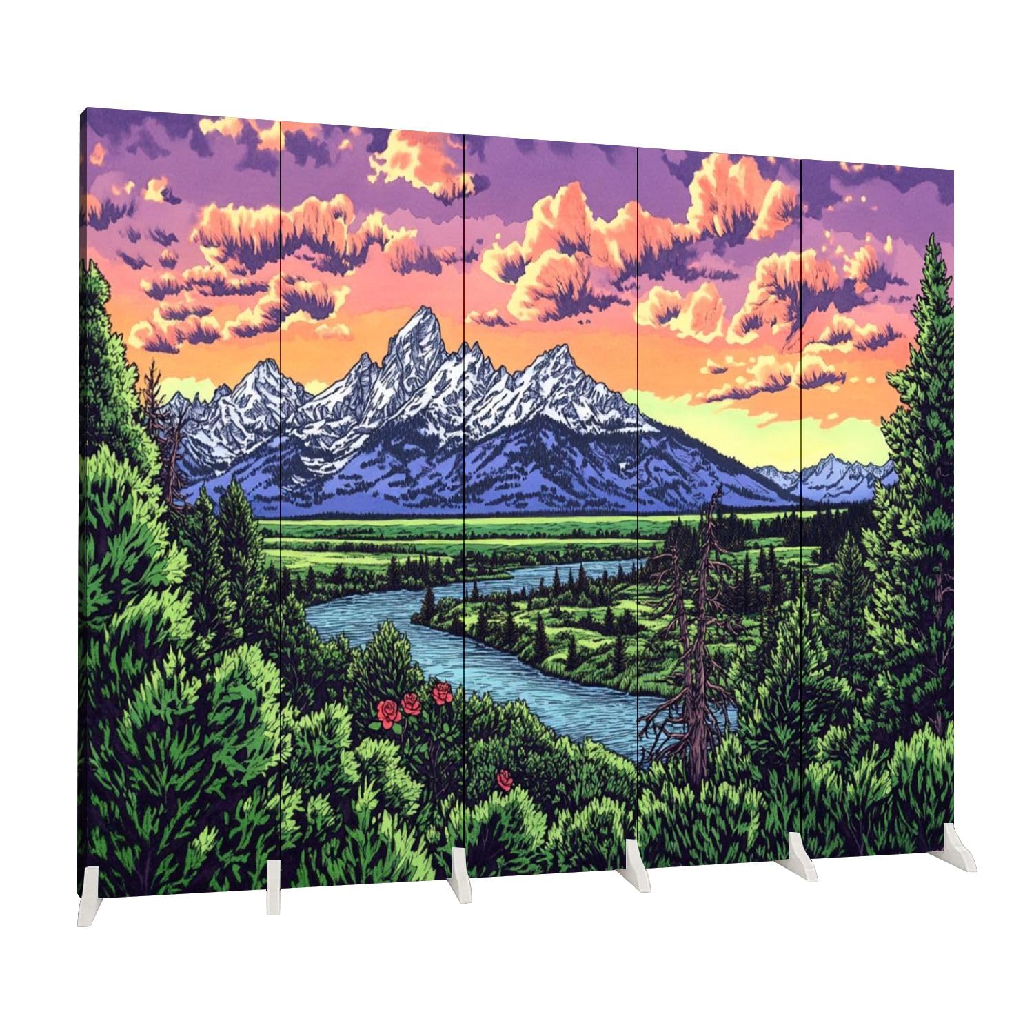5-Panel Folding Room Divider - National Park Scenery with Sunset, Clouds & Snow-Capped Mountains - Freestanding Canvas Privacy Screen for Home Office, Bedroom & Living Room Separator