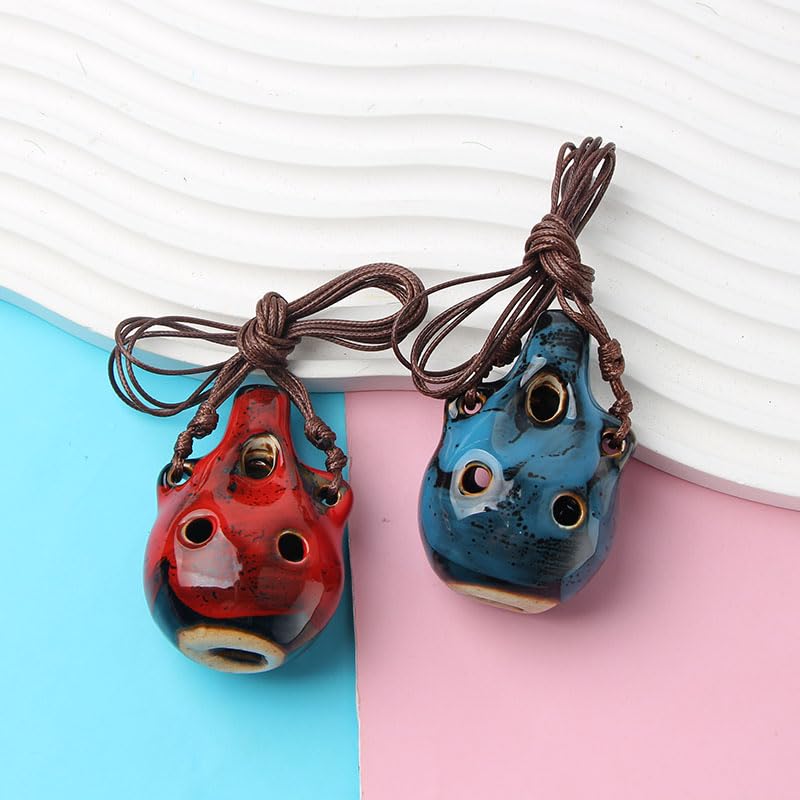 2Pcs Handcrafted Ceramic Ocarina Flute - 6-Hole Musical Instrument in Red & Blue for Beginners & Collectors | Perfect Gift for Music Lovers, Home Decor & Meditation Use
