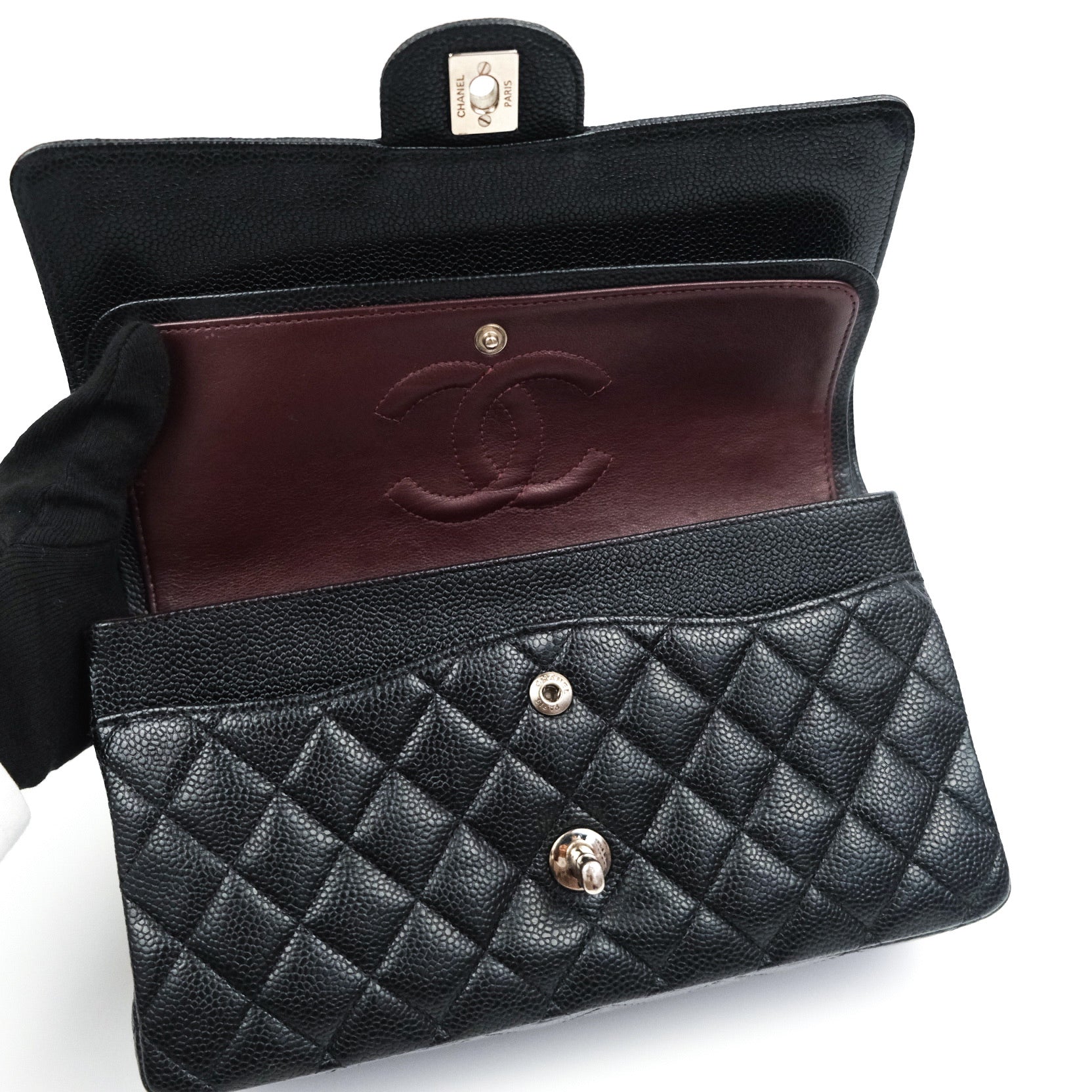 Chanel Classic Double Flap Bag M/L Size in Black Caviar Leather with Silver Hardware - Luxury Handbag for Women, Perfect for Work, Evening Events & Special Occasions