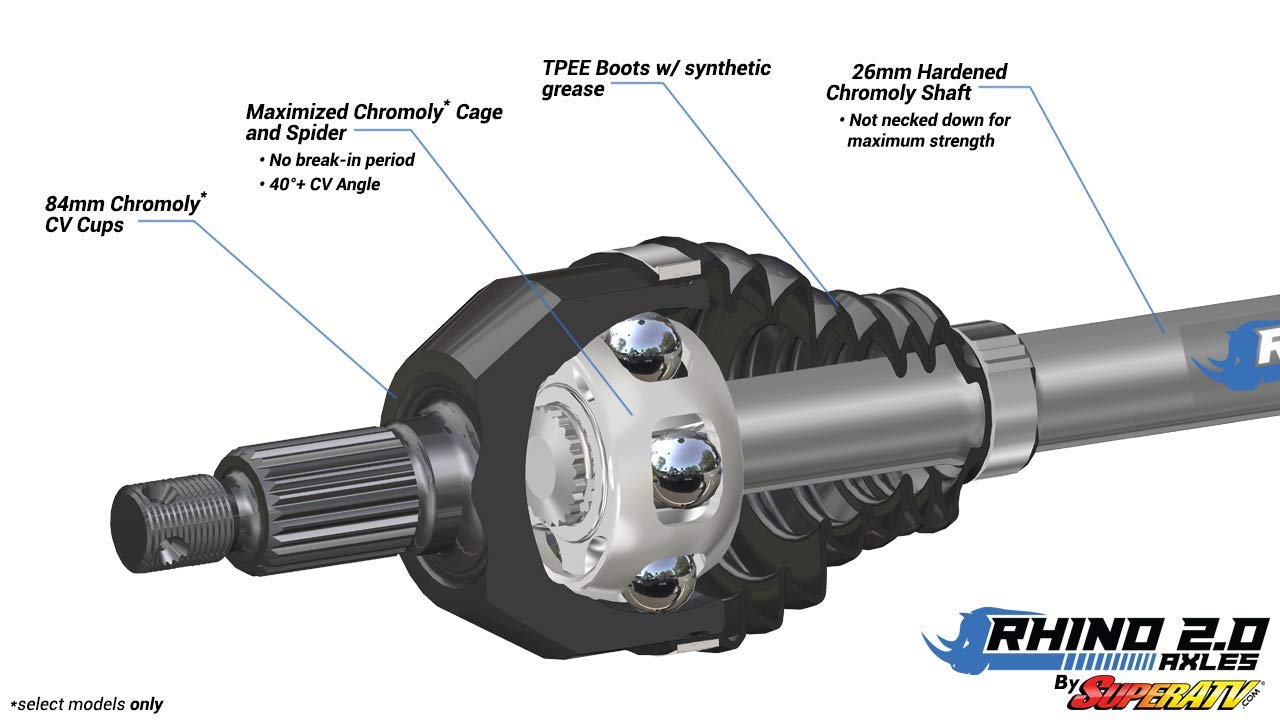 SuperATV Heavy Duty Rhino 2.0 Front Left Axle for 2020-2024 Kawasaki Teryx KRX 1000 - Chromoly Steel Construction, Heat Treated, Stronger Than OEM - Perfect for Off-Roading, Mudding & Trail Riding