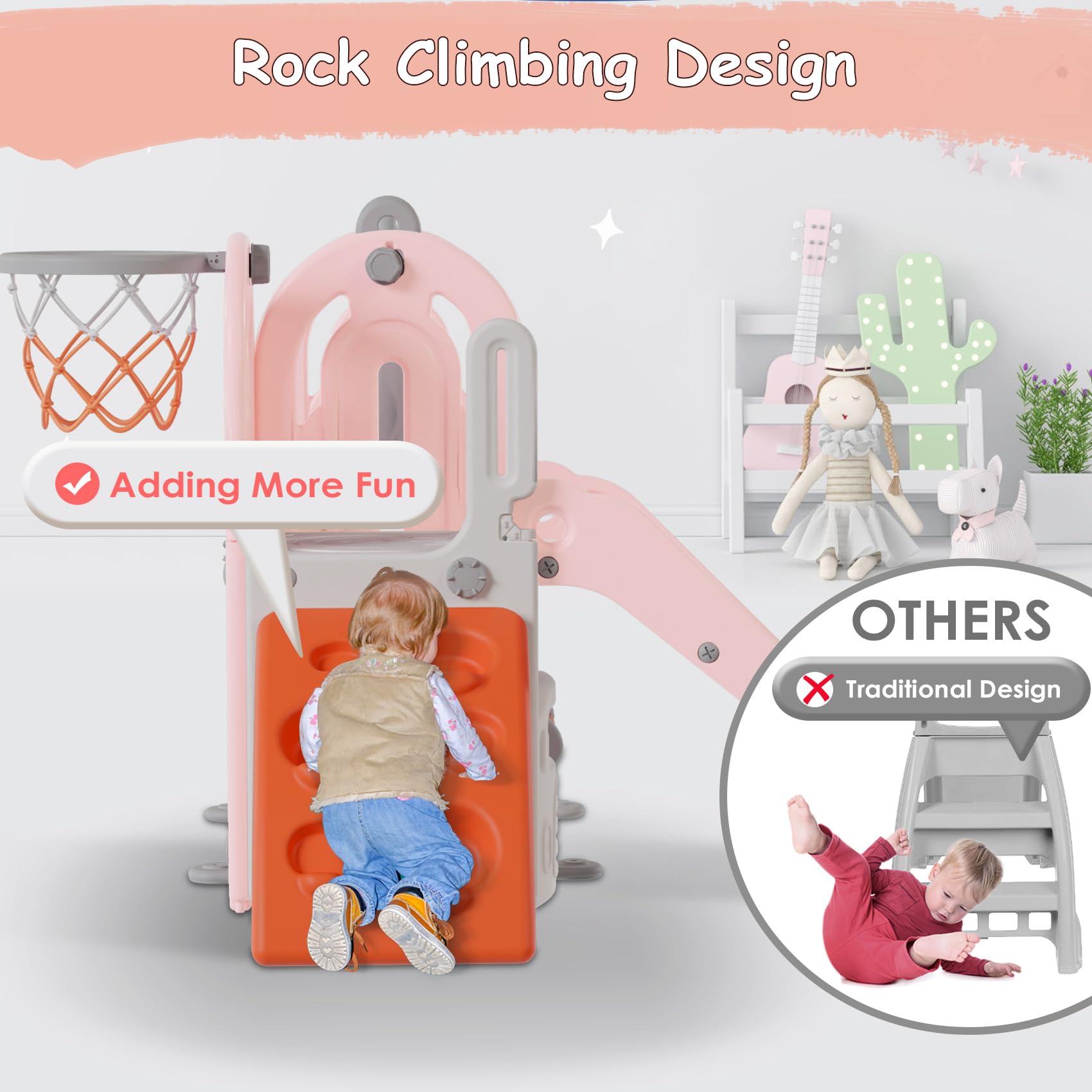 BIERUM 5-in-1 Toddler Slide and Swing Set with Basketball Hoop - Indoor/Outdoor Playground for Kids Ages 1-3 (Pink & Orange) - Perfect for Backyard, Playroom, and Preschool Activities