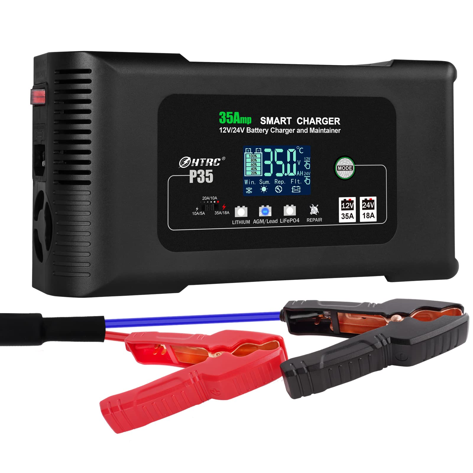 35-Amp Smart Car Battery Charger & Maintainer - 12V35A/24V18A, 14.6V/29.2V for Lithium, LiFePO4, Lead-Acid AGM/Gel/SLA Batteries - Portable Deep Cycle Charger with Desulfator - Perfect for RVs, Boats, Motorcycles & Seasonal Vehicle Storage