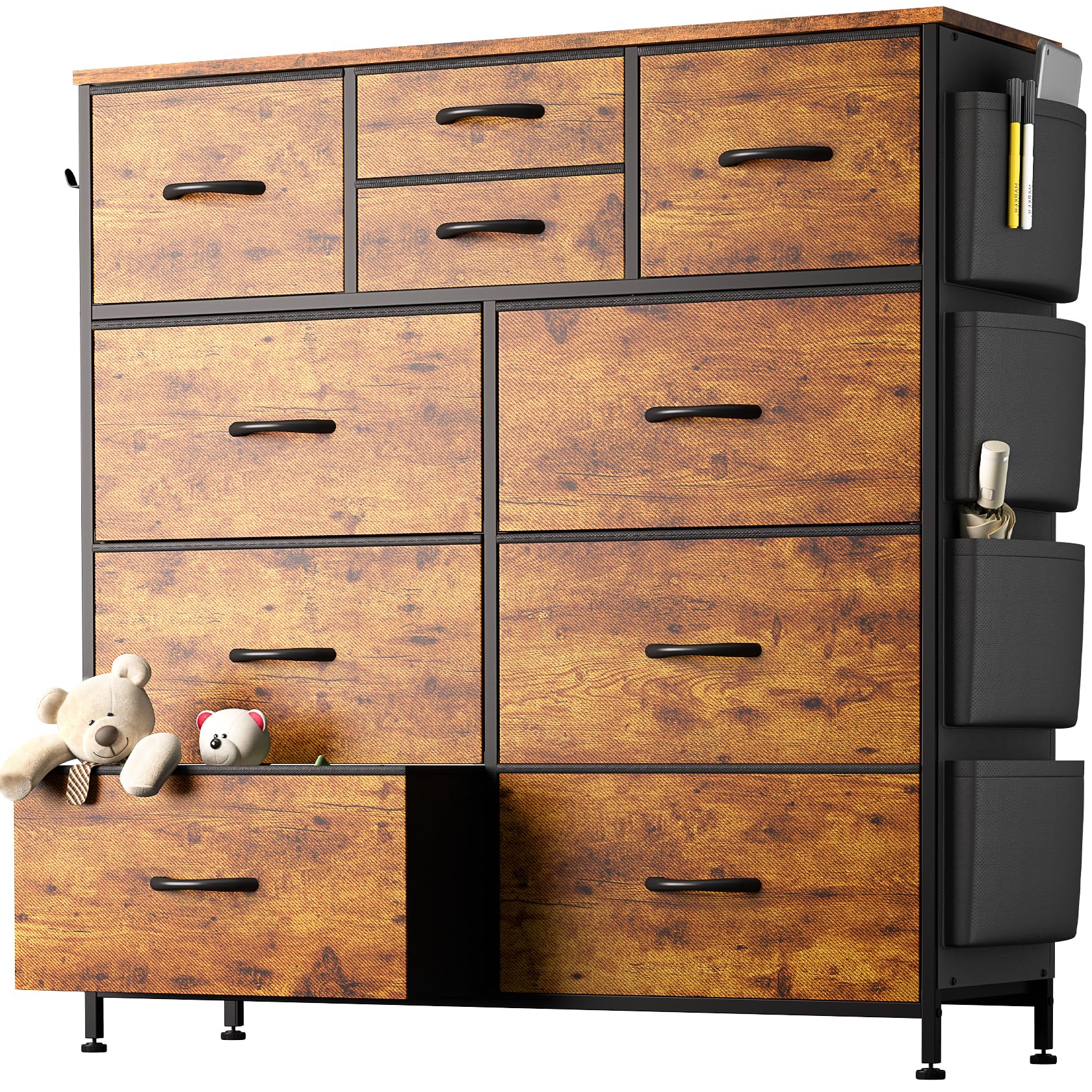 10-Drawer Dresser with Wooden Top & Metal Frame - Fabric Storage Chest with Side Pockets & Hooks for Bedroom, Living Room, Closet & Hallway Organization (Brown) | Perfect for Small Spaces & Home Decor