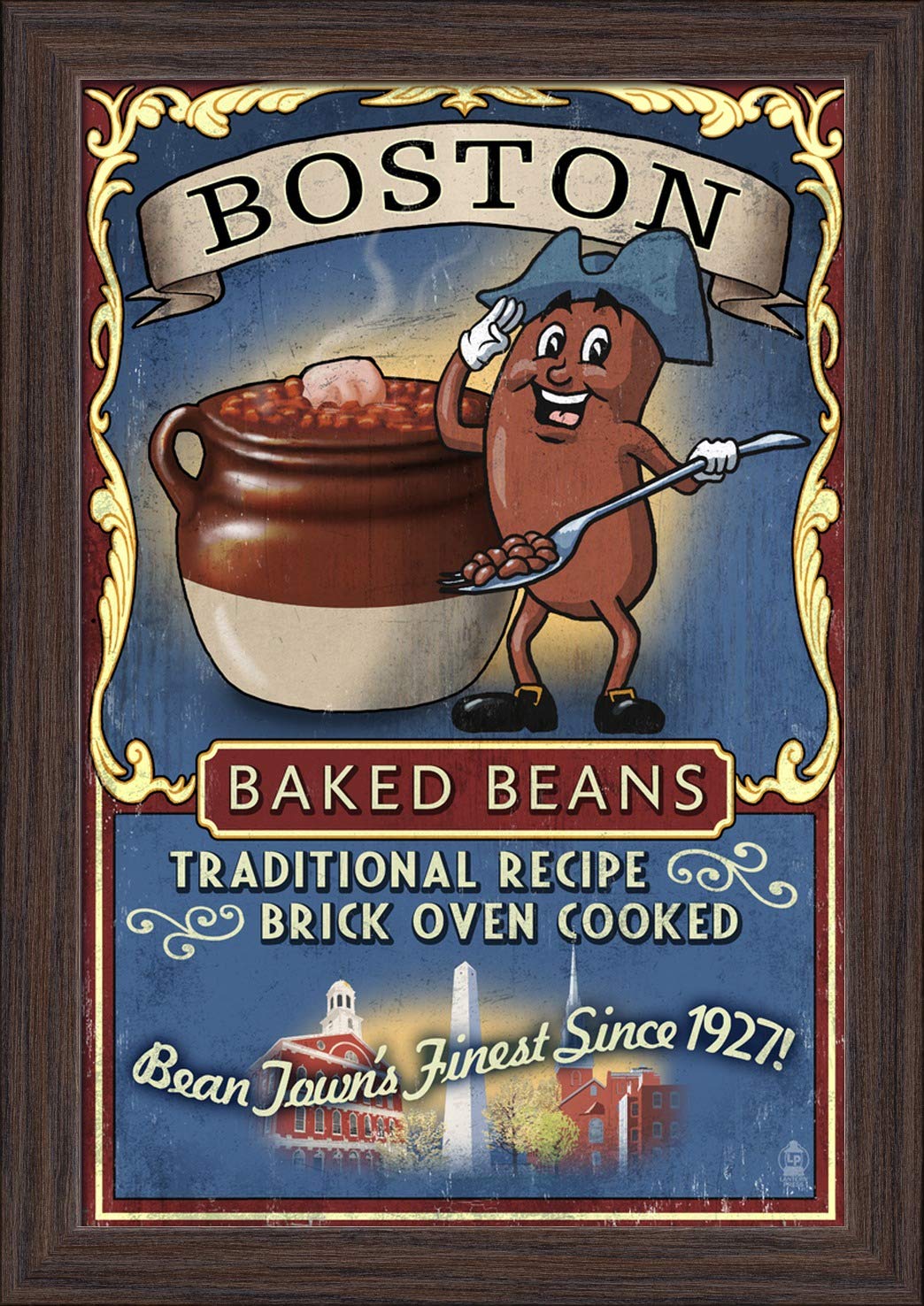 Vintage Boston Baked Beans Sign - 12x18 Giclee Fine Art Print with Recycled Wood Frame in Espresso Brown - Perfect for New England Kitchen Decor & Man Cave Wall Art