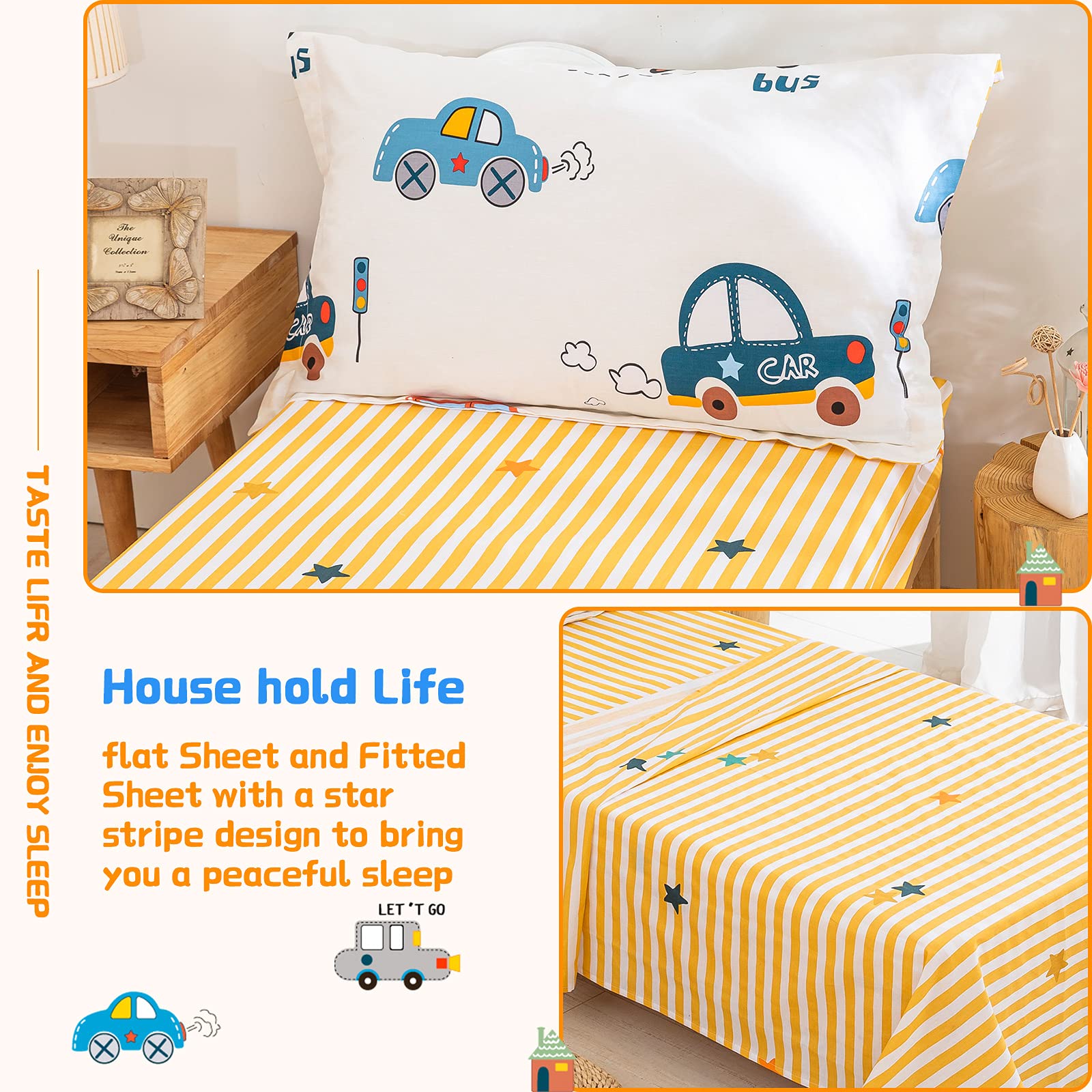 WONGS BEDDING Cars Toddler Bedding Set - 100% Cotton Soft Reversible Crib Bedding for Boys & Girls (4-Piece Set with Comforter, Flat Sheet, Fitted Sheet & Pillowcase) - Perfect for Nursery, Daycare & Toddler Rooms