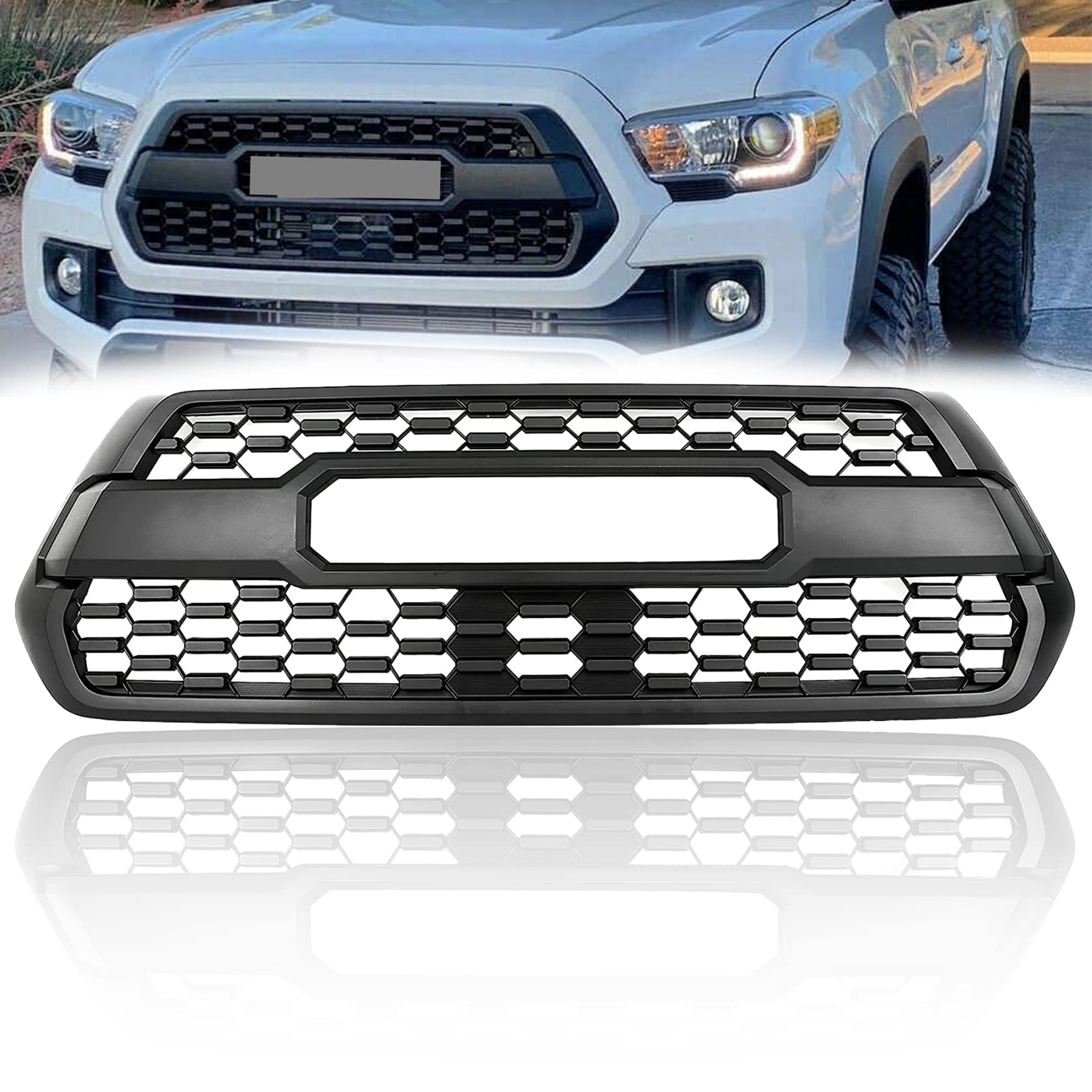 2016-2022 Toyota Tacoma Front Bumper Grille Hood Grill - Matte Black Hollow Mesh Design with Accessories | Off-Road Upgrade & Custom Styling for Pickup Trucks