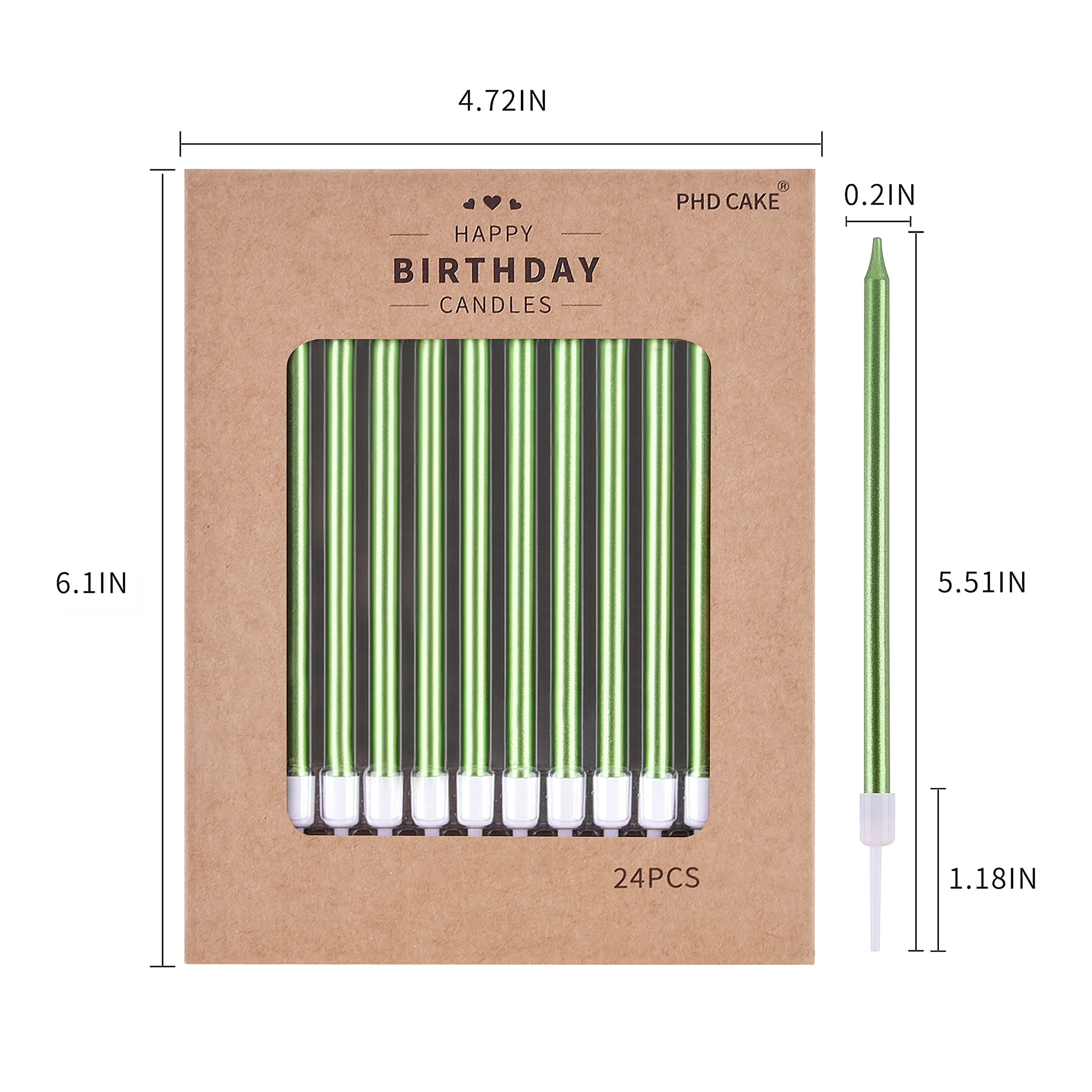 PHD CAKE Green Long Thin Metallic Birthday Candles - 12 Pack Elegant Cake Candles for Birthday Parties, Wedding Decorations & Special Events - Perfect for Cakes, Cupcakes and Dessert Tables