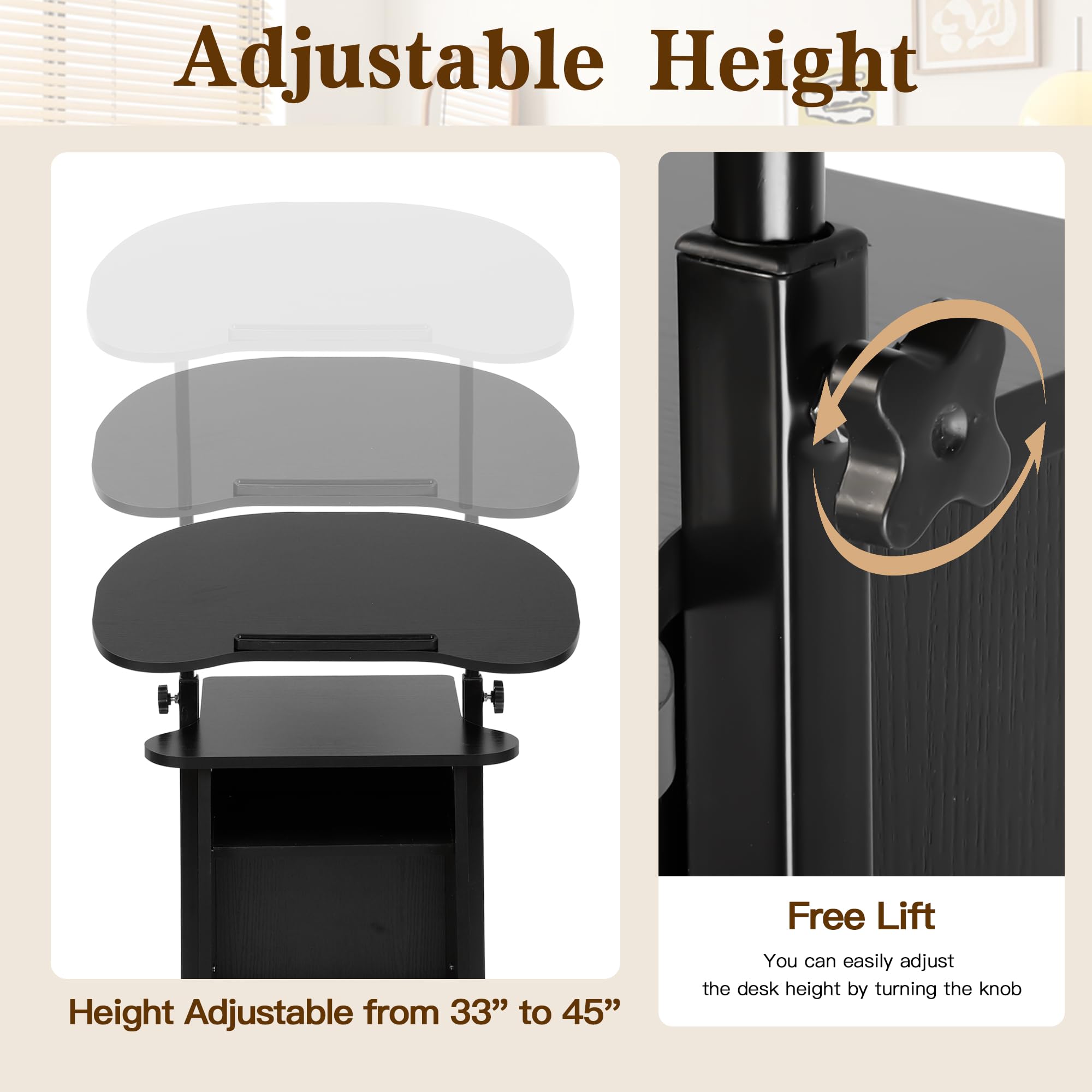 **Height Adjustable Mobile Lectern Podium Stand with Tilting Desktop & Storage Cabinet - Rolling Lectern Cart for Laptop, Classroom, Church & Home Office - Perfect for Presentations, Teaching & Remote Work**