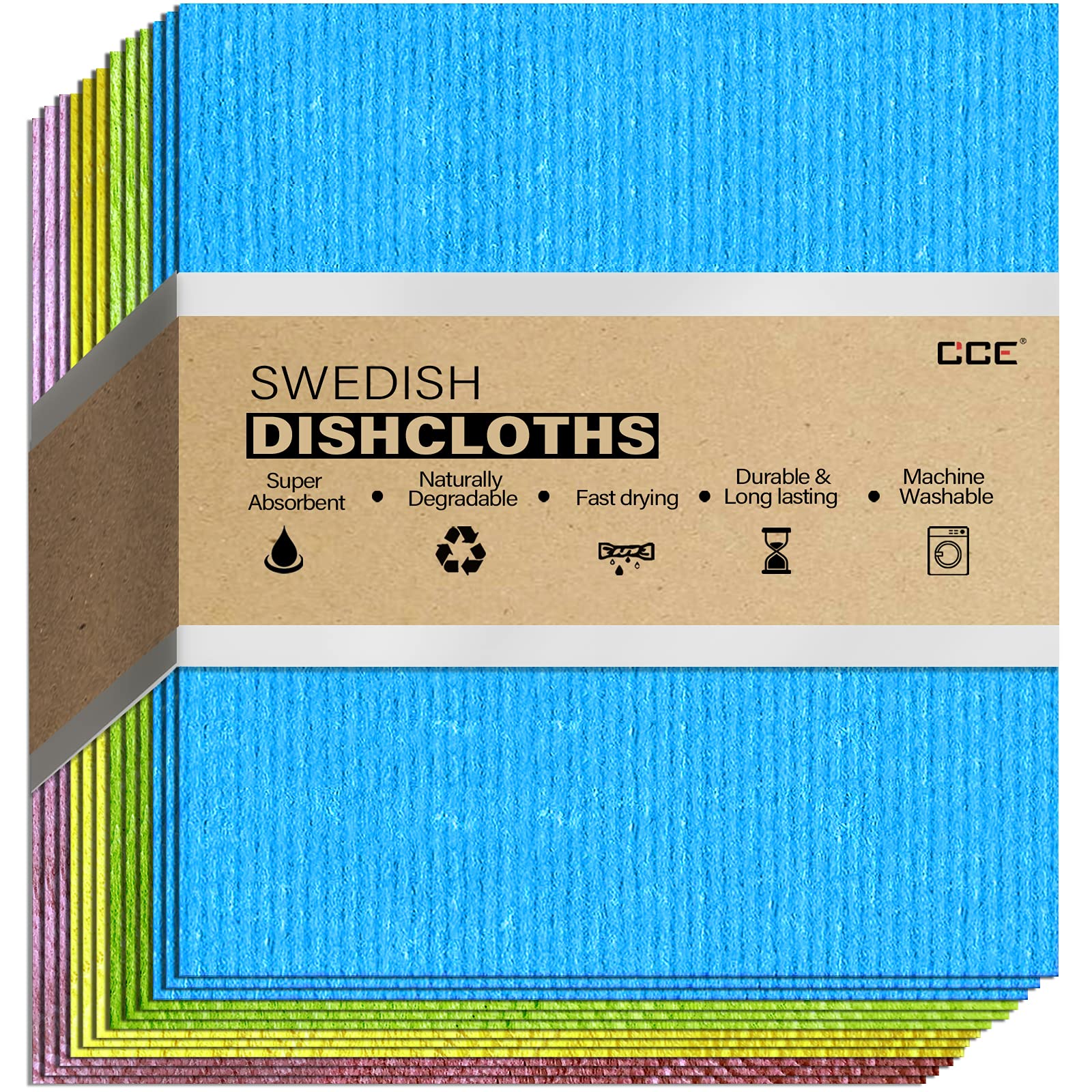 CCE Swedish Dishcloths - 12 Pack Eco-Friendly Reusable Cellulose Sponge Cloths for Kitchen Cleaning | Super Absorbent Swedish Dish Towels & Dish Rags (Blue, Green, Yellow, Red) | Perfect for Dishes, Countertops & Household Cleaning