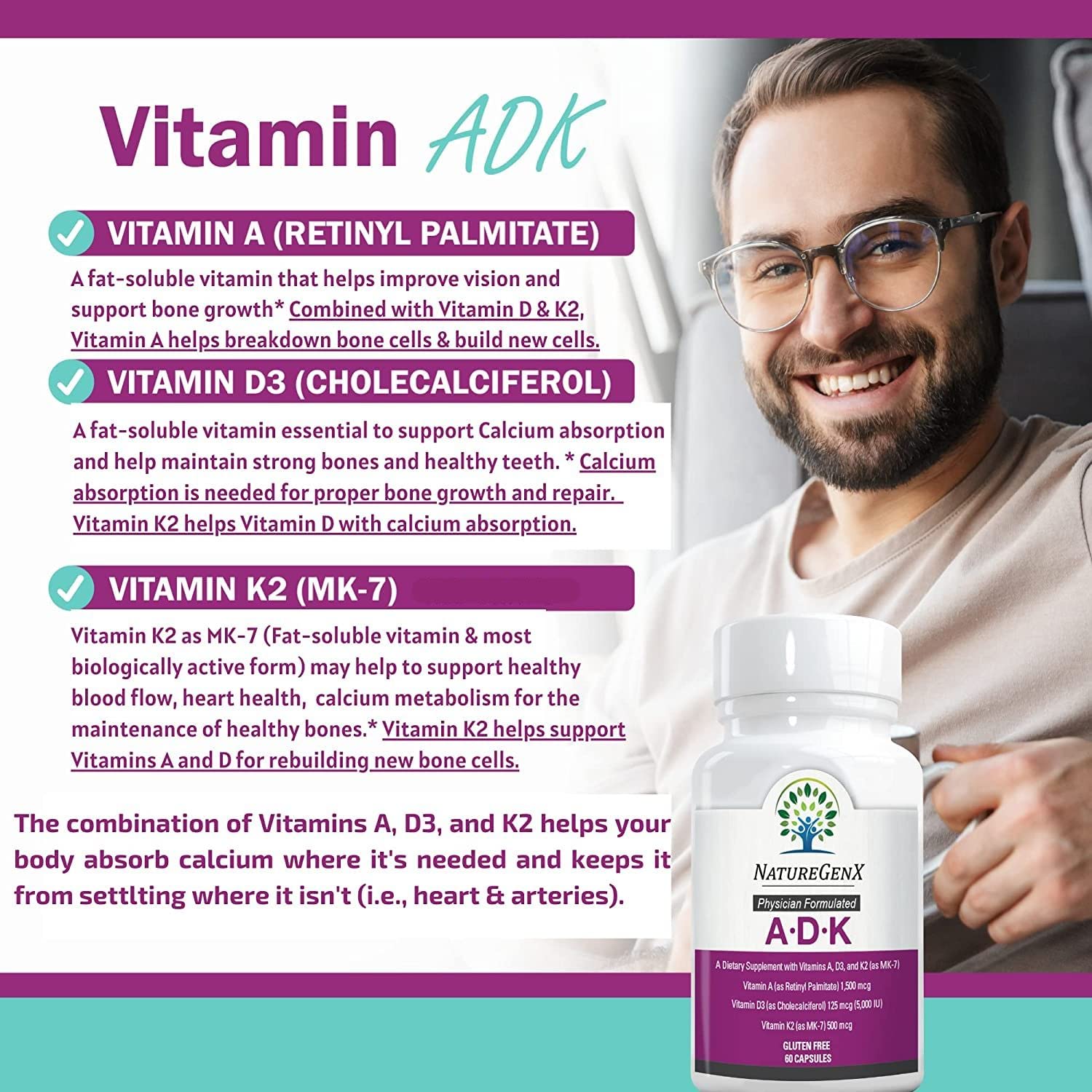 Premium ADK Vitamin Supplement for Bone Health - High Potency Vitamins A, D3 & K2 Complex | Gluten-Free, Non-GMO | 60 Capsules (2 Pack) | Supports Strong Bones, Joints & Immune System | Ideal for Adults, Seniors & Active Lifestyles