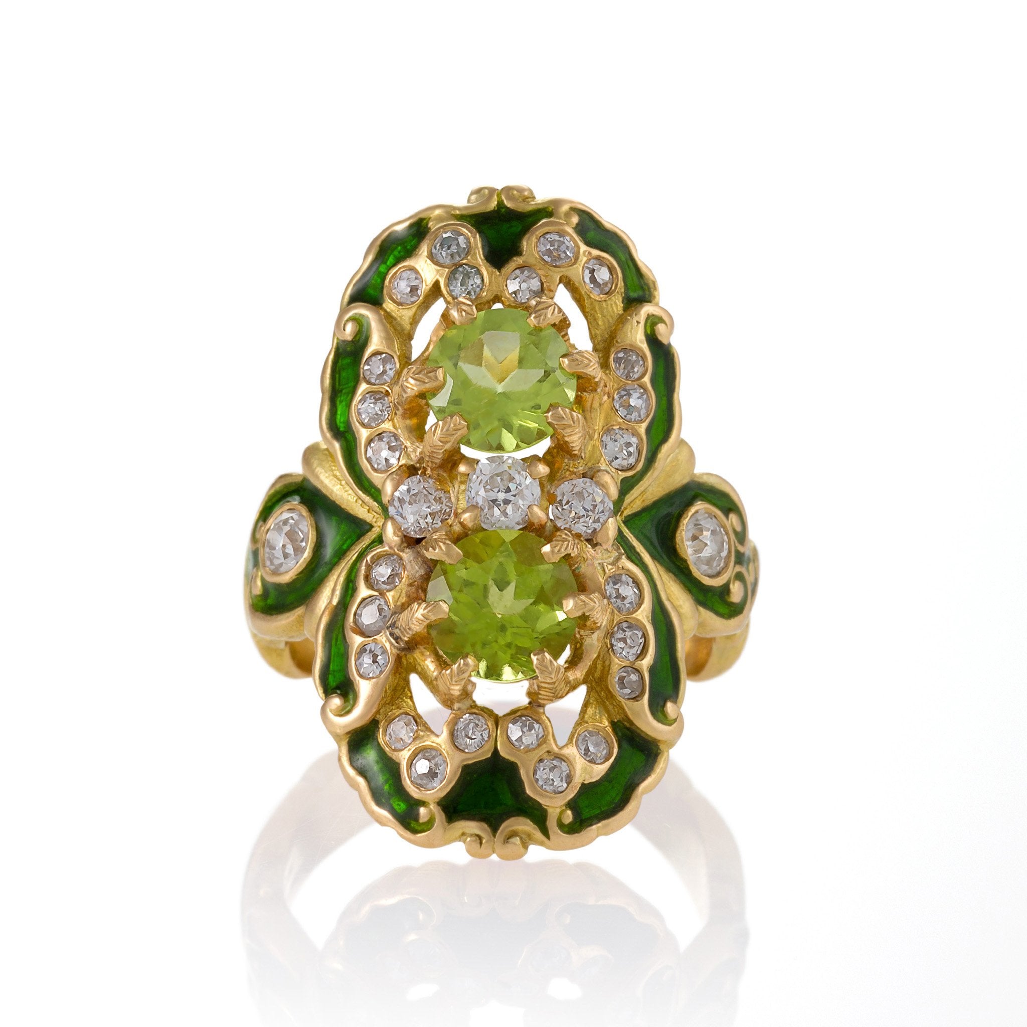 Marcus & Co. 14K Gold Double Peridot and Diamond Ring for Women - Elegant Birthstone Jewelry Gift for Anniversary, Engagement & Special Occasions
